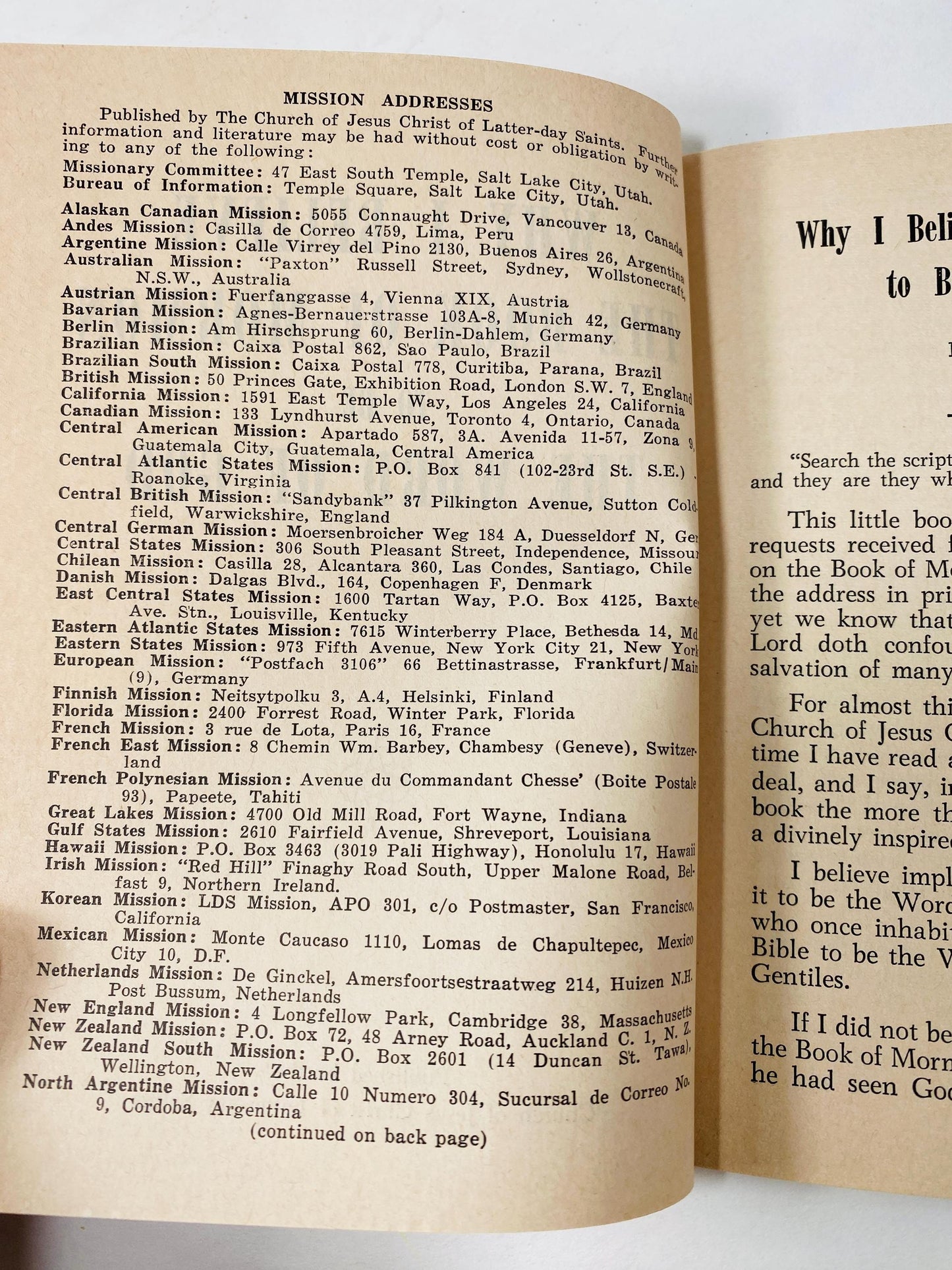 Latter-Day Saints Pamphlets booklet Why I believe the Book of Mormon to be the Word of God vintage collectible circa 1940 LDS