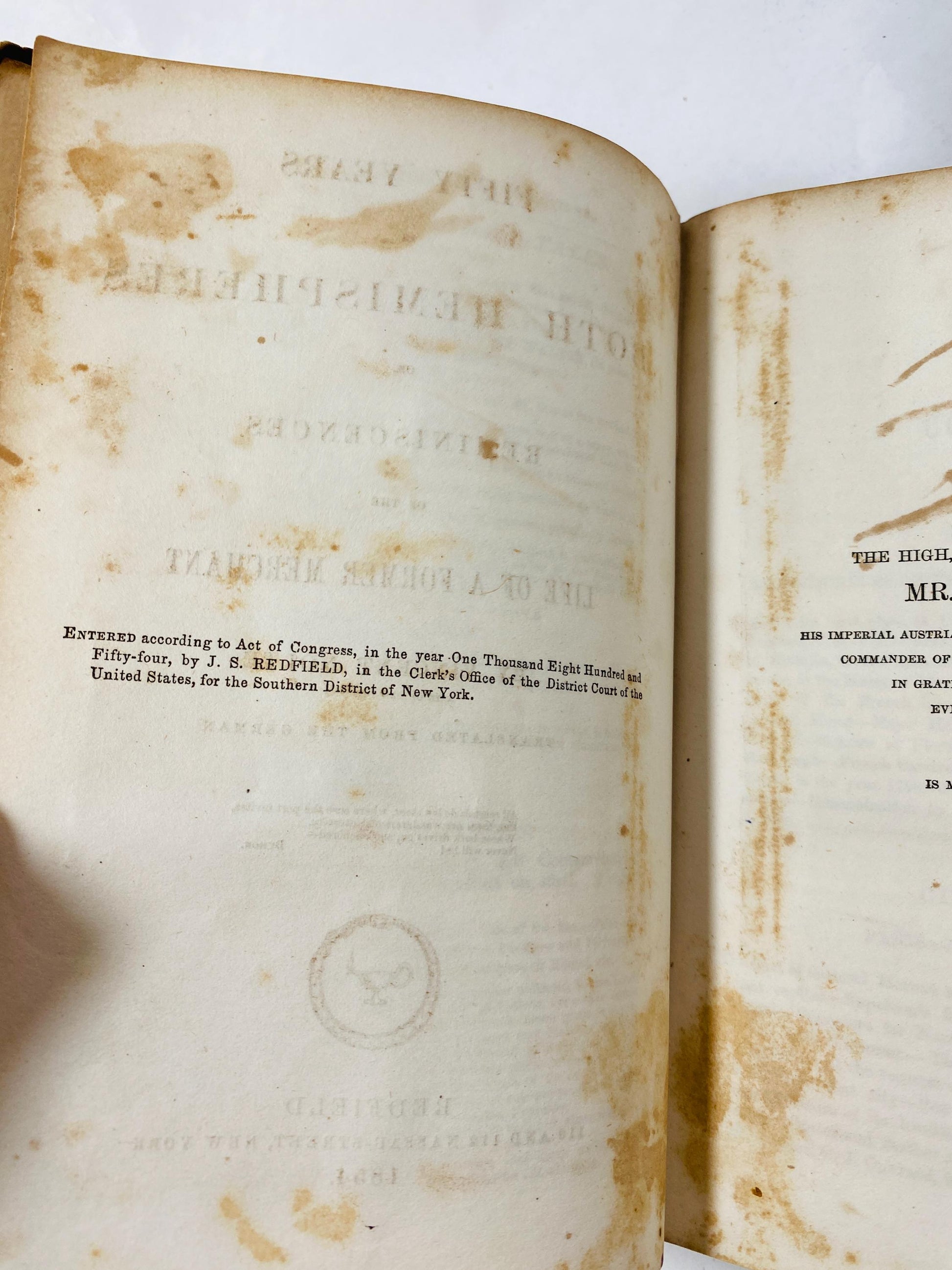 1854 Fifty Years in Both Hemispheres antique book merchant memoir Battle of New Orleans Waterloo Napoleon Audobon Queen Victoria shipwreck