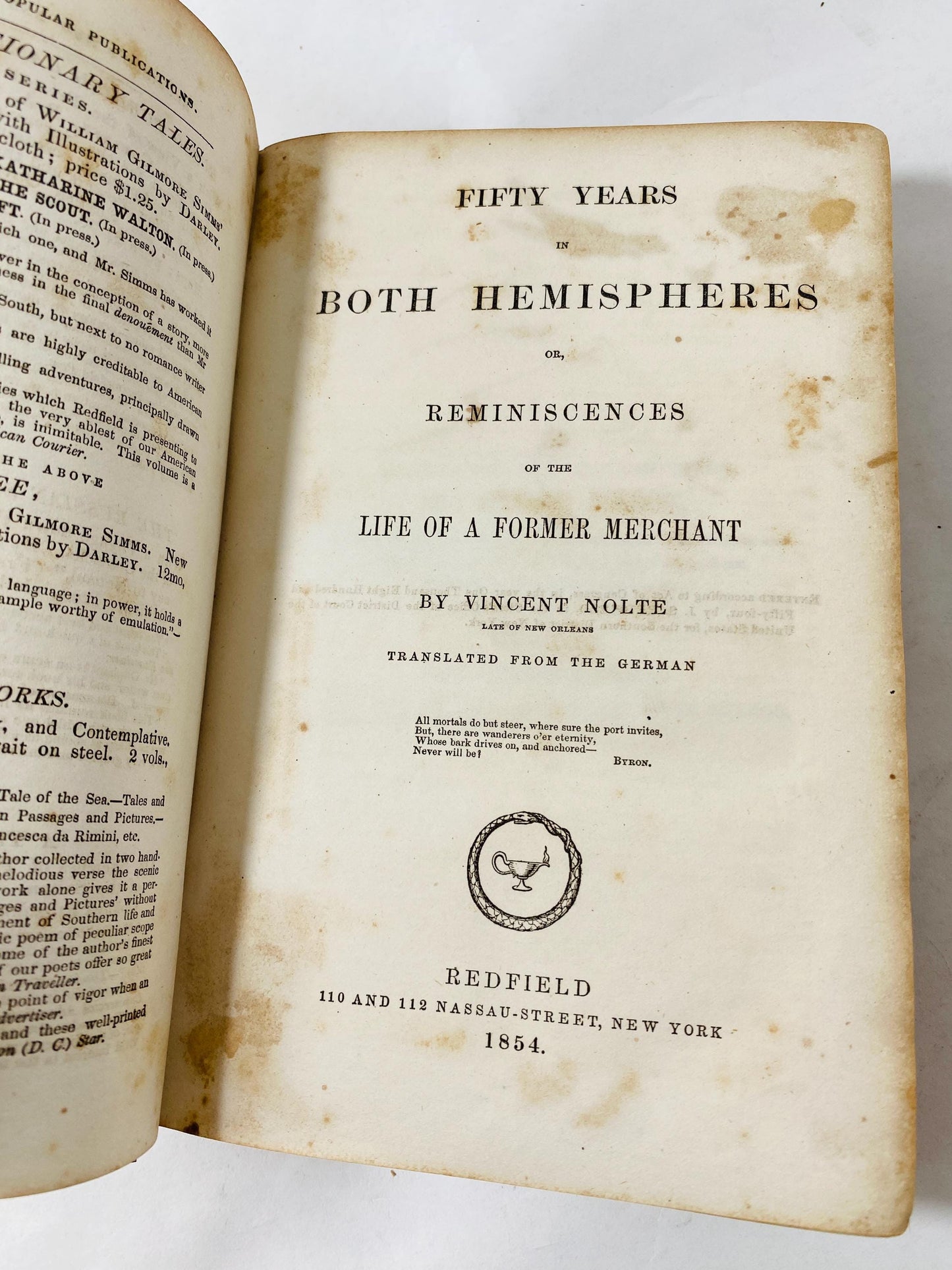 1854 Fifty Years in Both Hemispheres antique book merchant memoir Battle of New Orleans Waterloo Napoleon Audobon Queen Victoria shipwreck