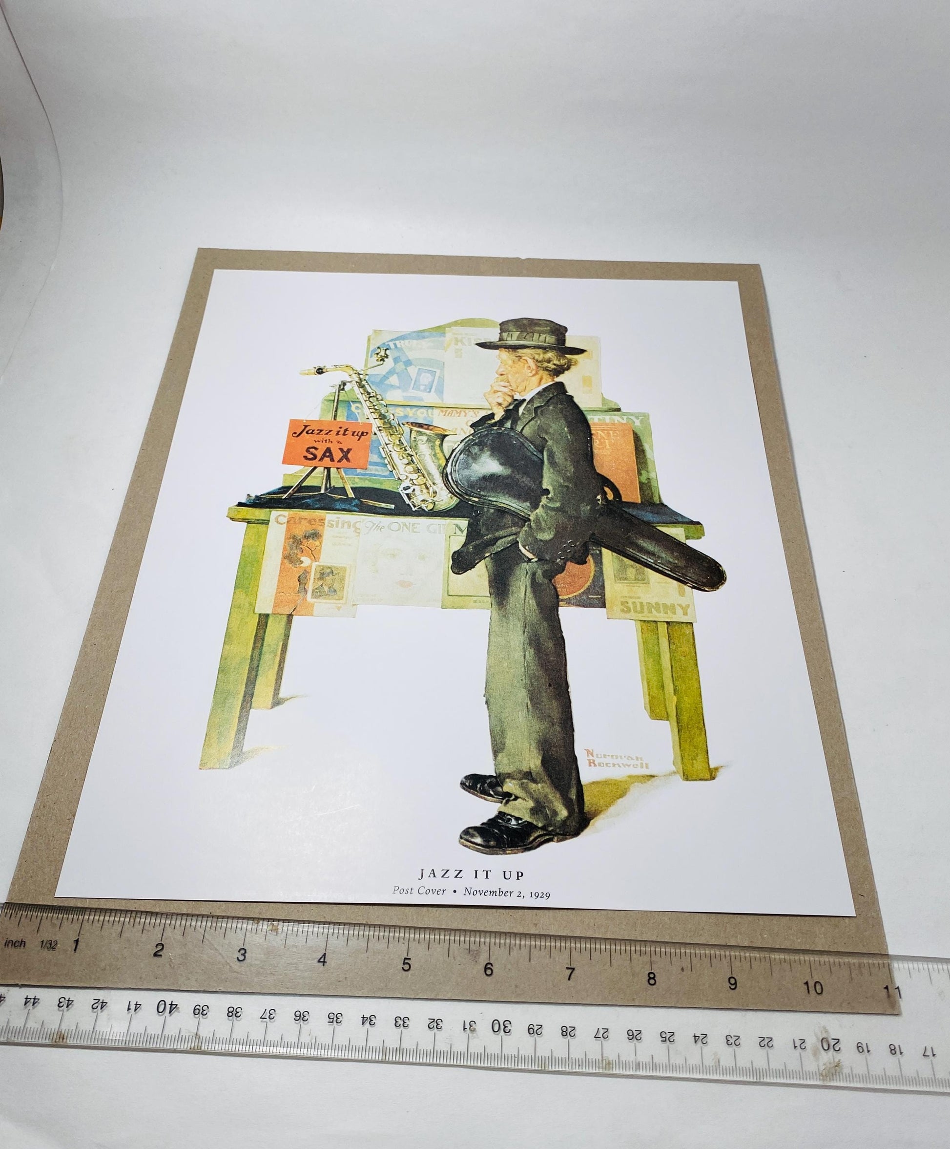 Jazz It Up with Sax Norman Rockwell Saturday Evening Postcover reprint musician saxaphone with matting Christmas Chanukah gift
