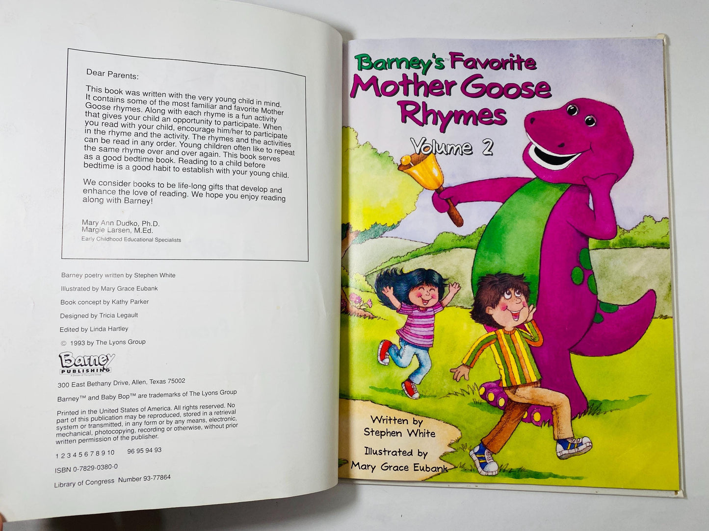 Barney Mother Goose Nursery Rhymes the purple dinosaur vintage children's book circa 1992 collectible large kids gift