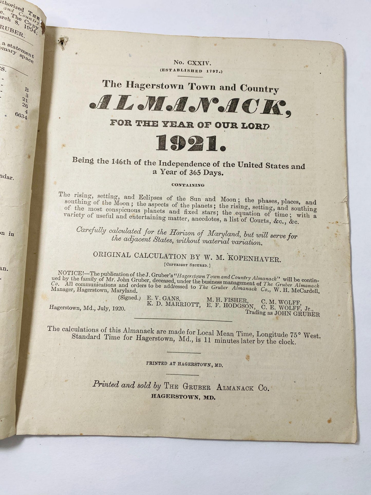 1921 Hagerstown Maryland Washington County Almanac Antique booklet Williamsport includes Women's Suffrage