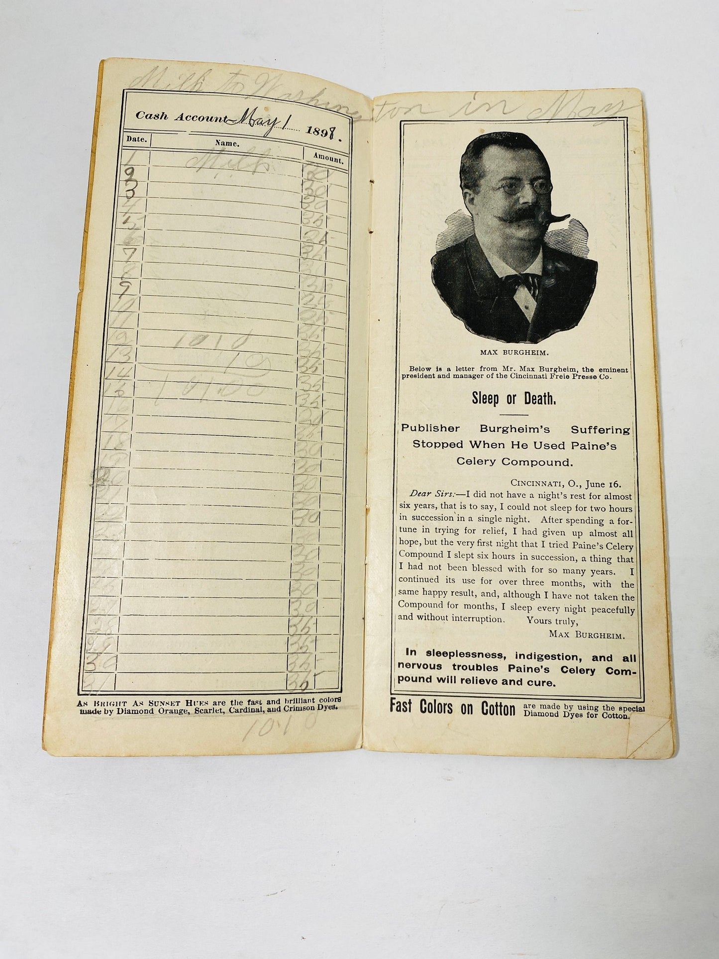 1896 Antique handwritten druggist Clinton E Main of Frederick Maryland cash book published by Wells, Richardson & Co, Burlington