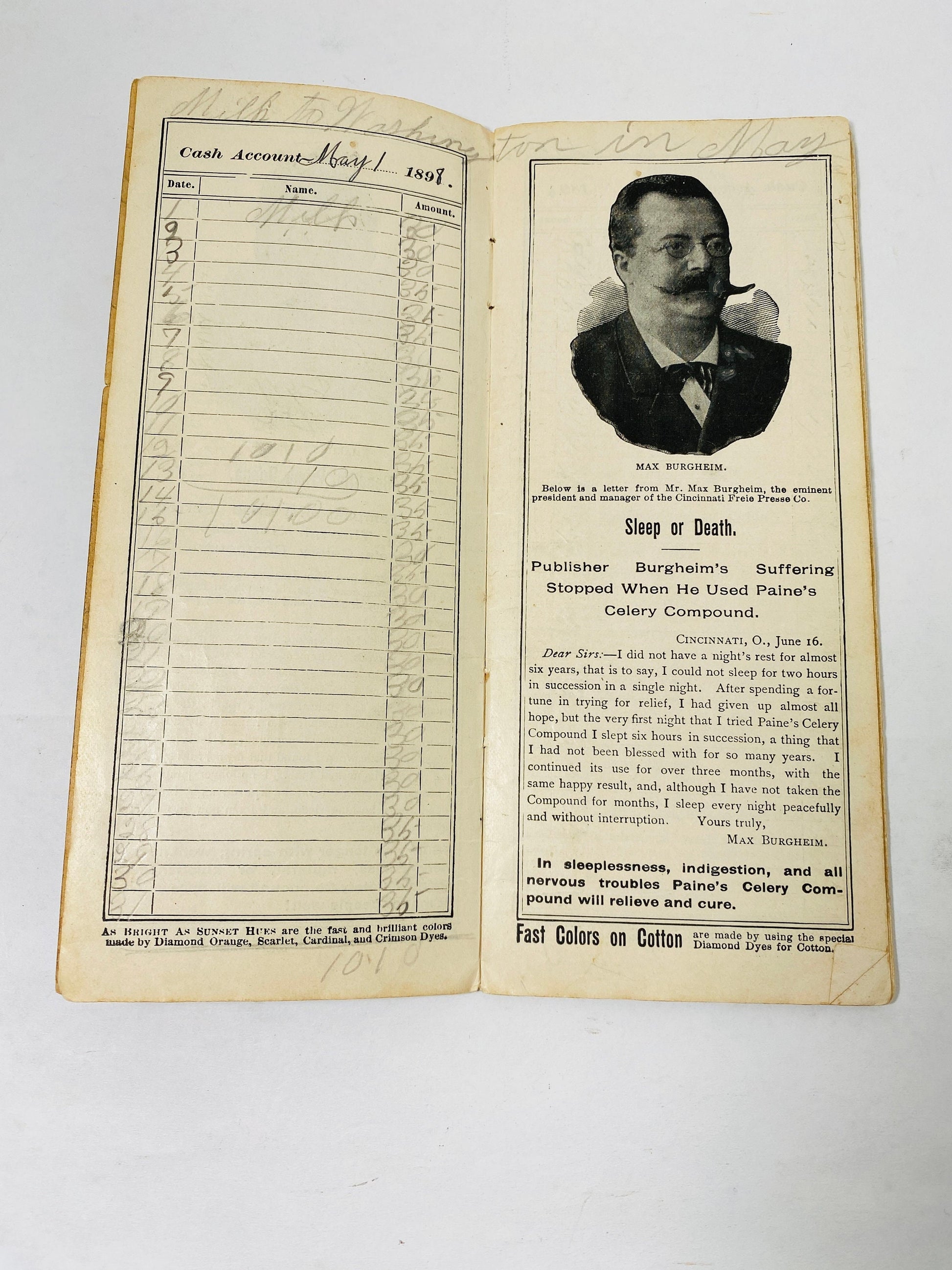 1896 Antique handwritten druggist Clinton E Main of Frederick Maryland cash book published by Wells, Richardson & Co, Burlington