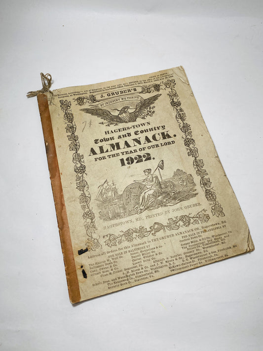 1922 Hagerstown Maryland Washington County Almanack Antique booklet featuring the origin of modern tools, Hints for the Housewife