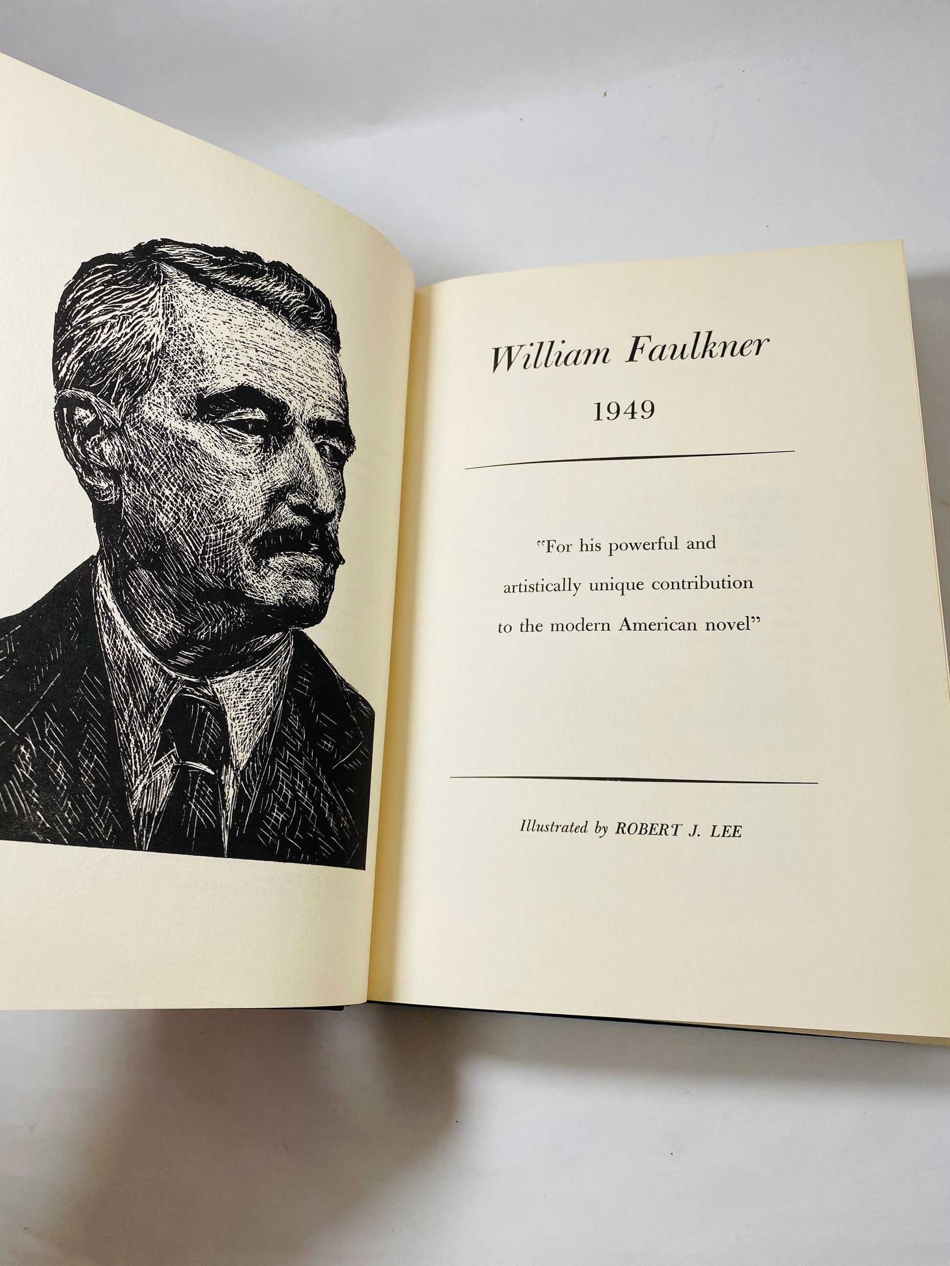 William Faulkner Eugene O'Neill and John Steinbeck. Nobel Peace Library Vintage black leather book circa 1971. As I Lay Dying Dubious Battle