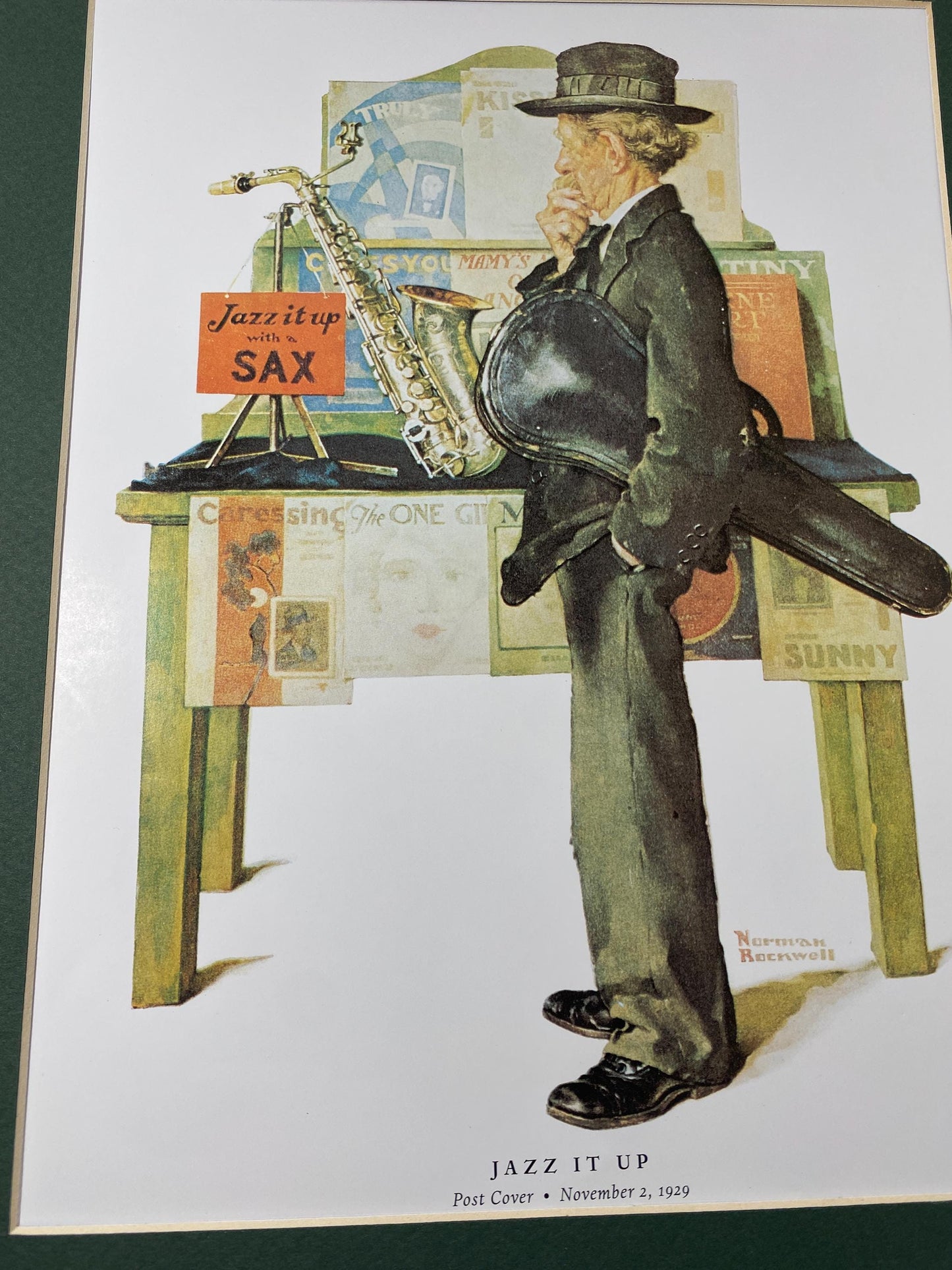 Jazz It Up with Sax Norman Rockwell Saturday Evening Postcover reprint musician saxaphone with matting Christmas Chanukah gift