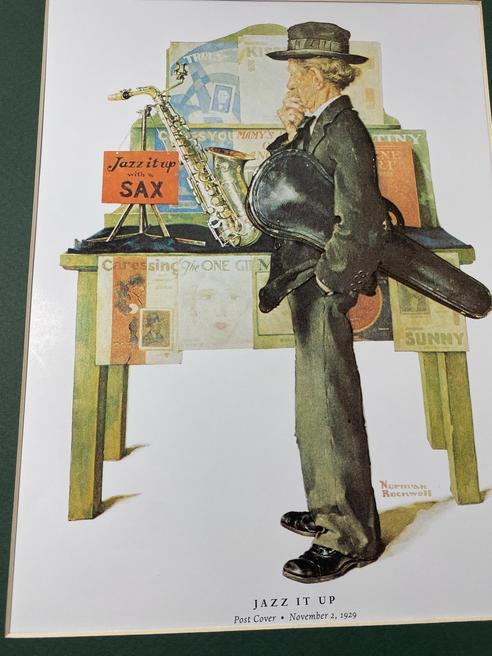 Jazz It Up with Sax Norman Rockwell Saturday Evening Postcover reprint musician saxaphone with matting Christmas Chanukah gift