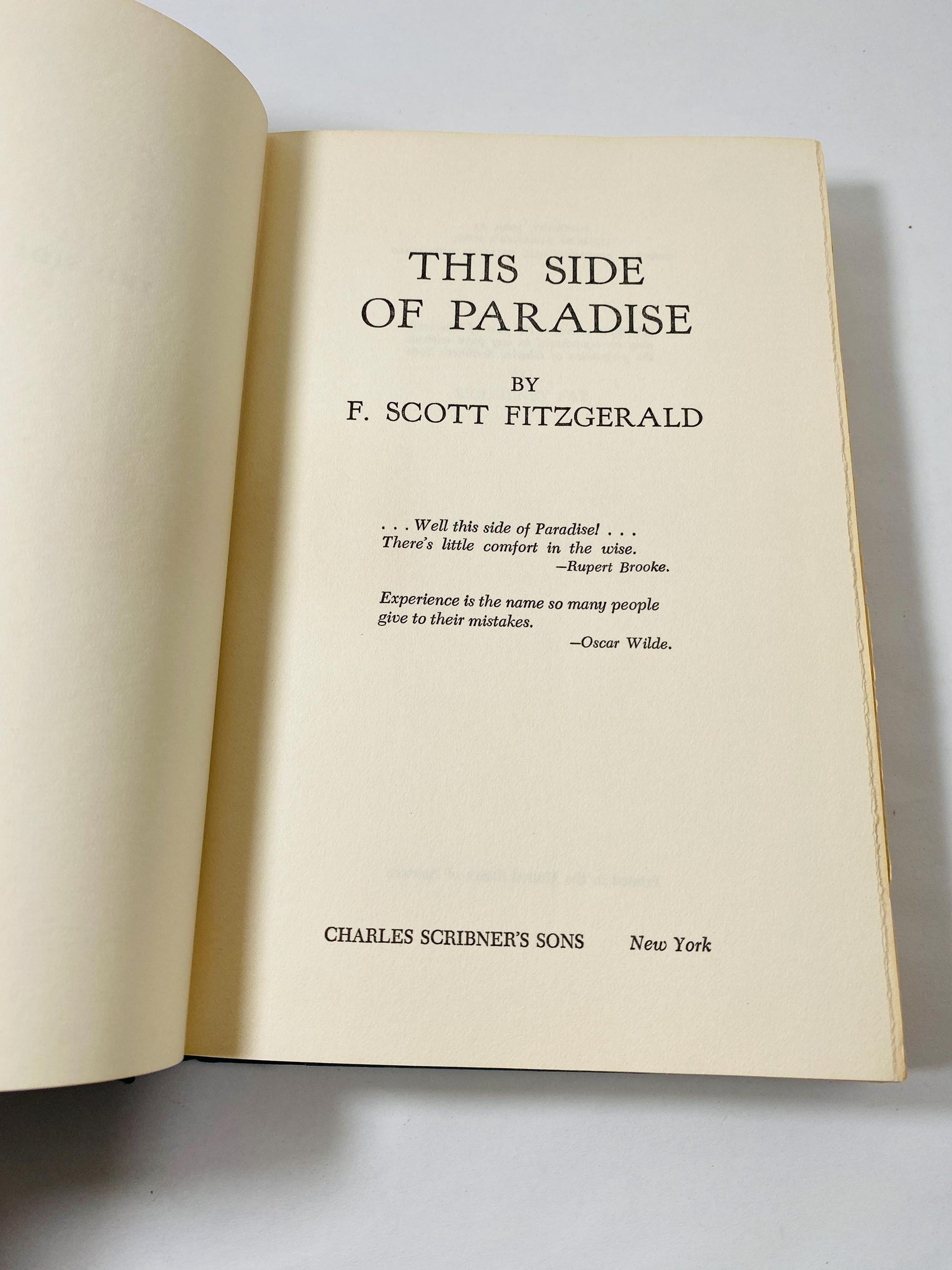 This Side of Paradise by F Scott Fitzgerald. Vintage semi-autobiographical book circa 1948. Debut novel about the lives of post WW I youth