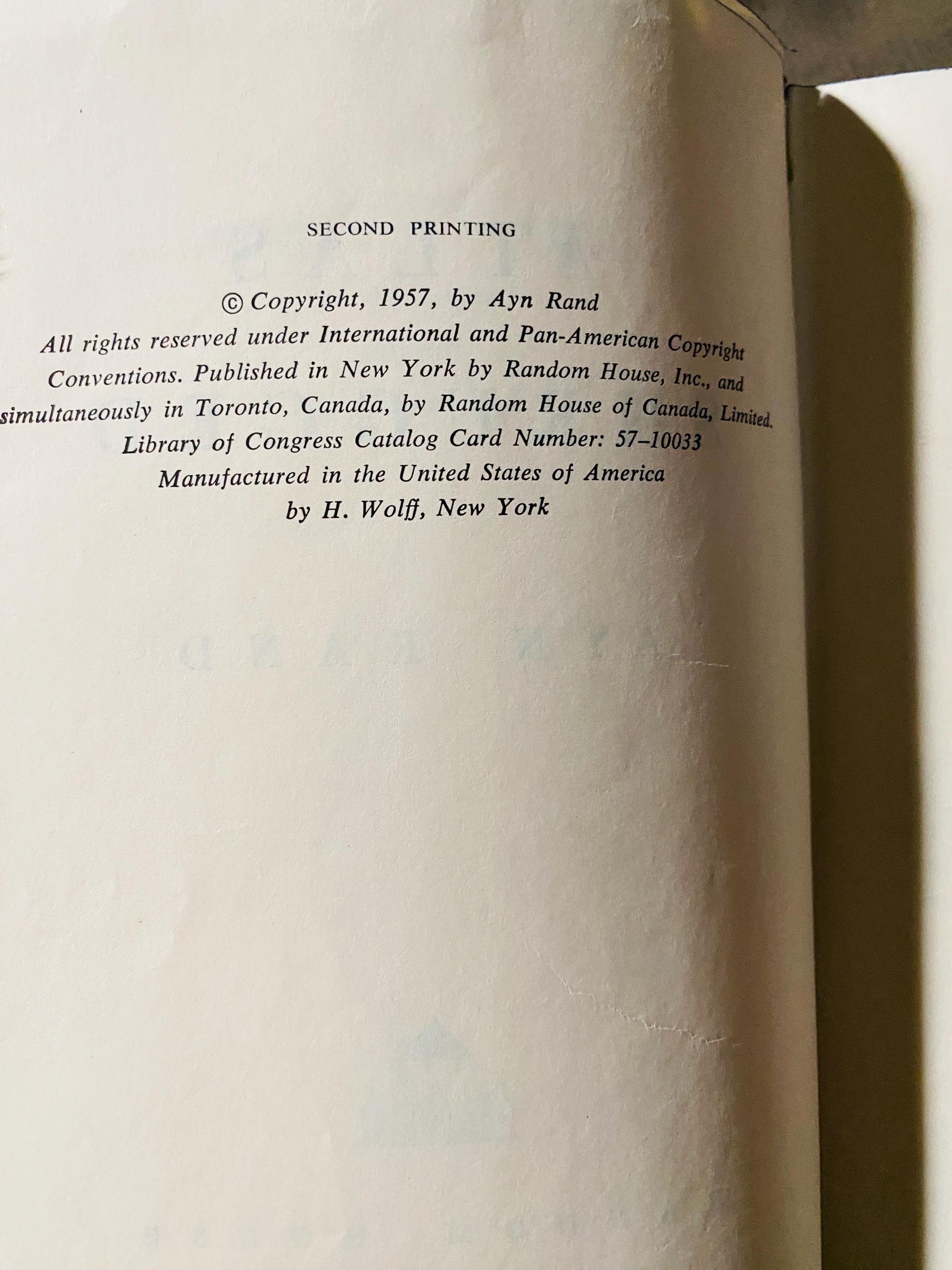 FIRST EDITION Ayn Rand Atlas Shrugged vintage book circa 1957 Second printing Nathaniel Branden Objectivism John Galt. Poor Condition