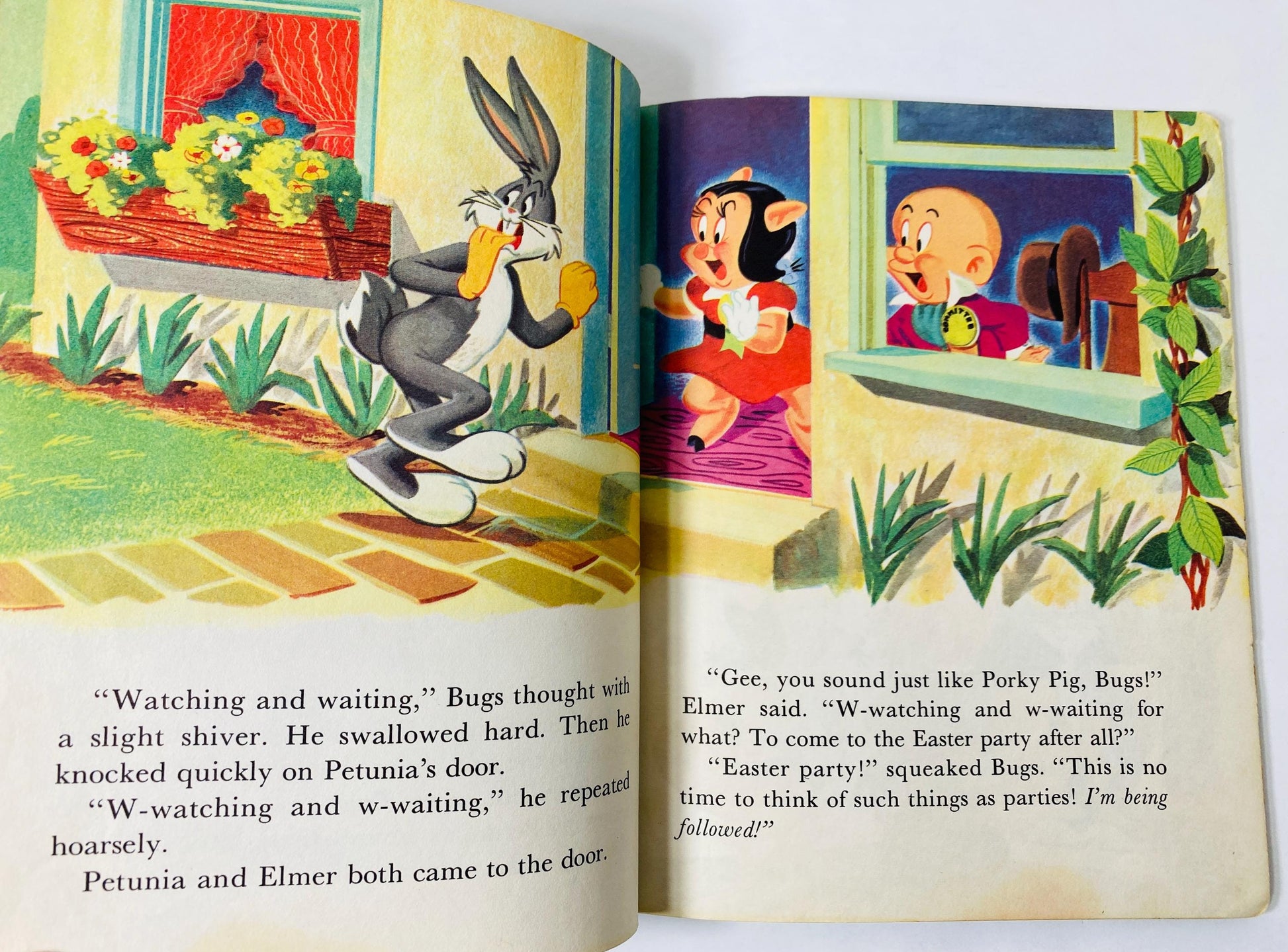 1953 Bugs Bunny at the Easter Party Vintage Little Golden Book with Elmer Fudd, Porky Pig, Daffy Duck, Petunia Pig.