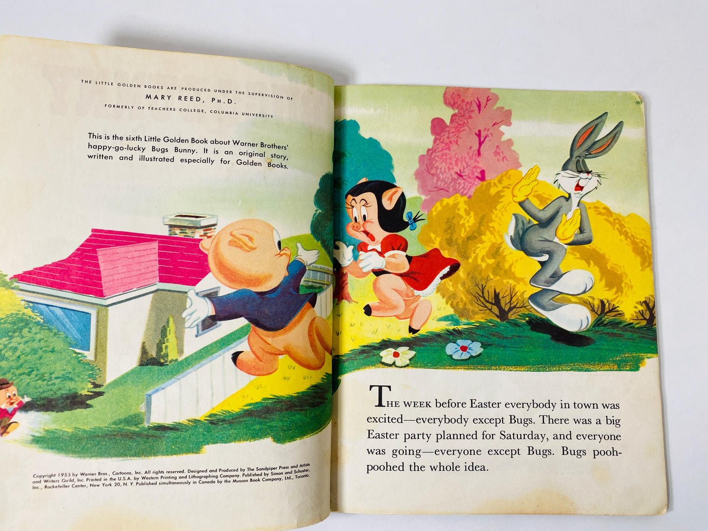 1953 Bugs Bunny at the Easter Party Vintage Little Golden Book with Elmer Fudd, Porky Pig, Daffy Duck, Petunia Pig.