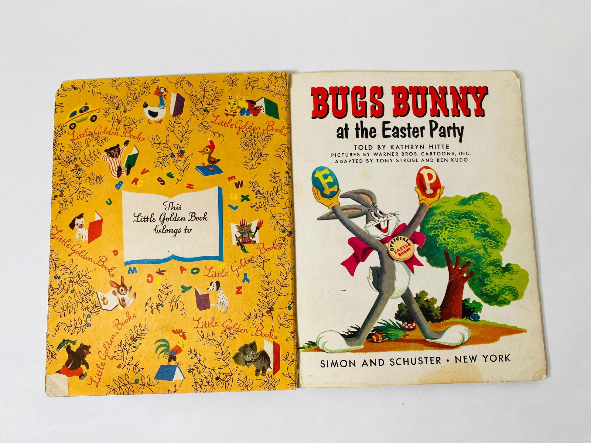 1953 Bugs Bunny at the Easter Party Vintage Little Golden Book with Elmer Fudd, Porky Pig, Daffy Duck, Petunia Pig.