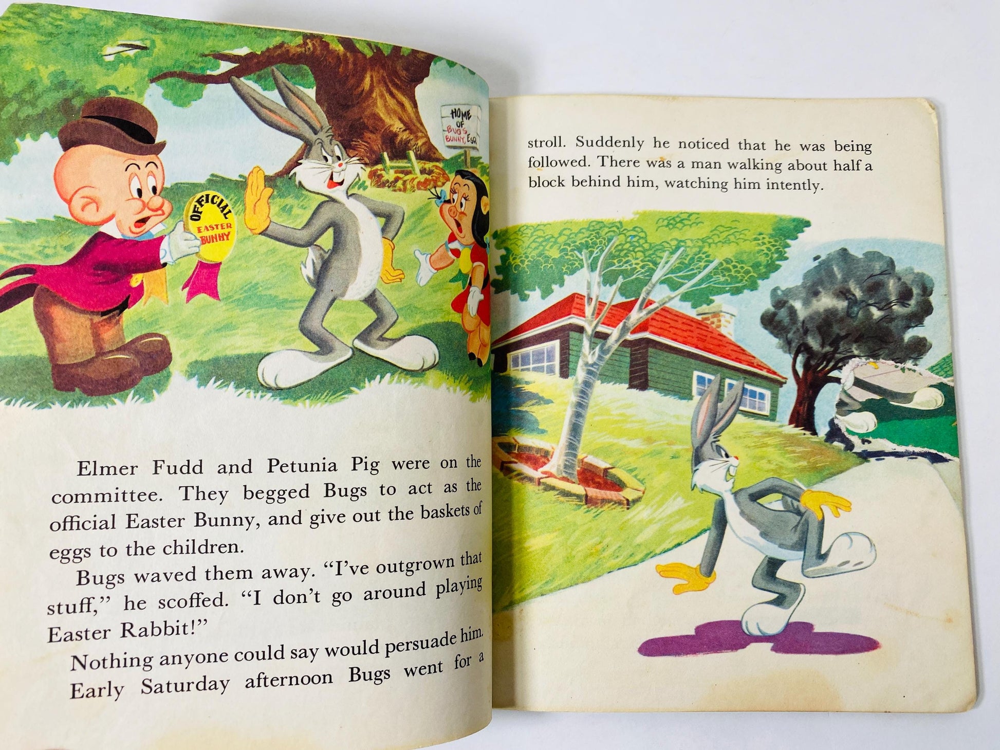 1953 Bugs Bunny at the Easter Party Vintage Little Golden Book with Elmer Fudd, Porky Pig, Daffy Duck, Petunia Pig.