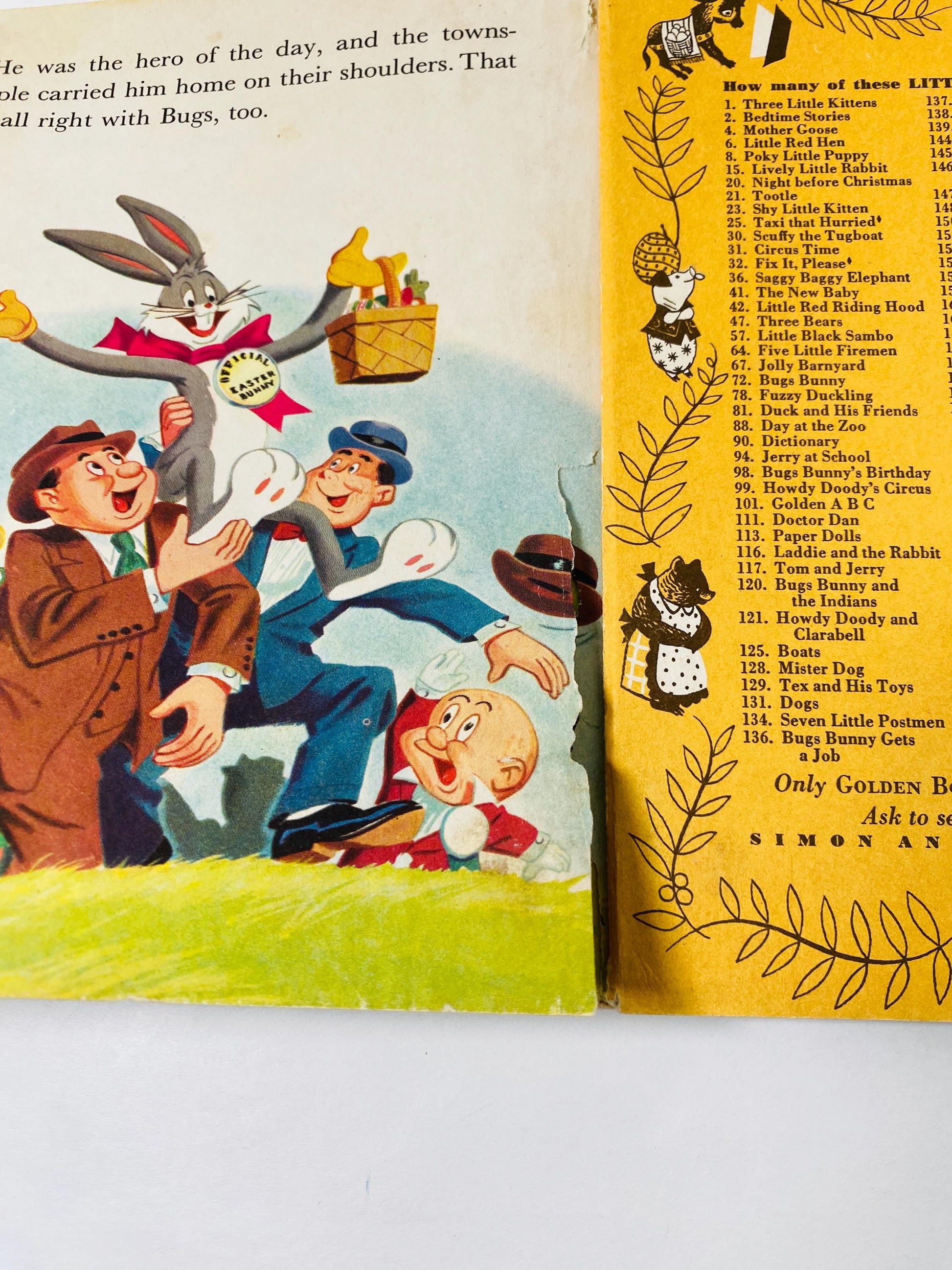 1953 Bugs Bunny at the Easter Party Vintage Little Golden Book with Elmer Fudd, Porky Pig, Daffy Duck, Petunia Pig.