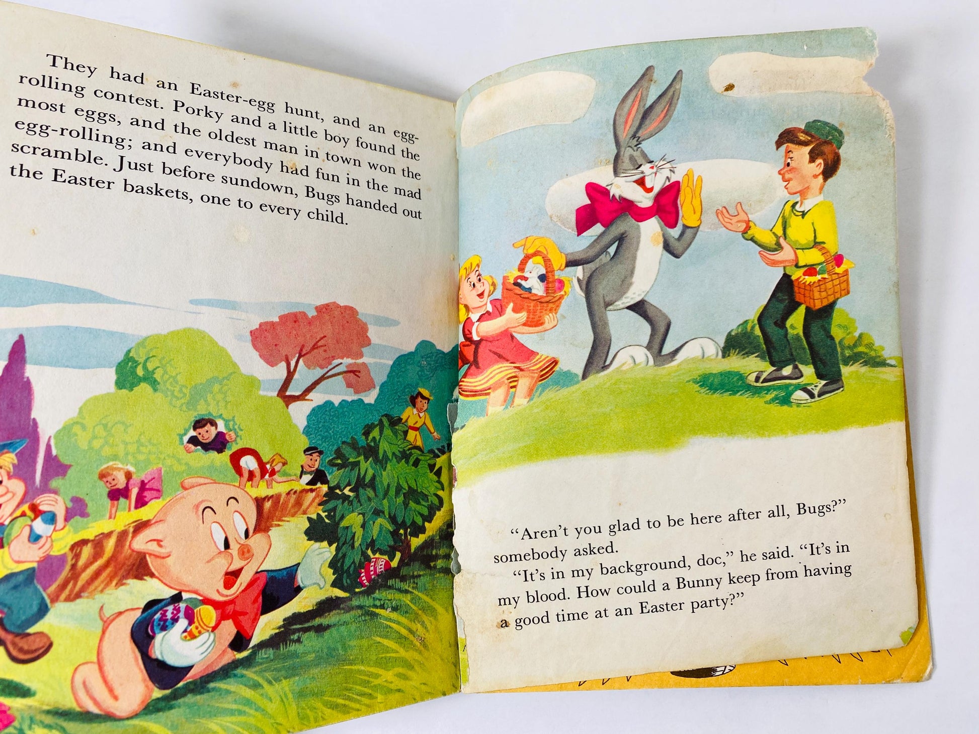 1953 Bugs Bunny at the Easter Party Vintage Little Golden Book with Elmer Fudd, Porky Pig, Daffy Duck, Petunia Pig.