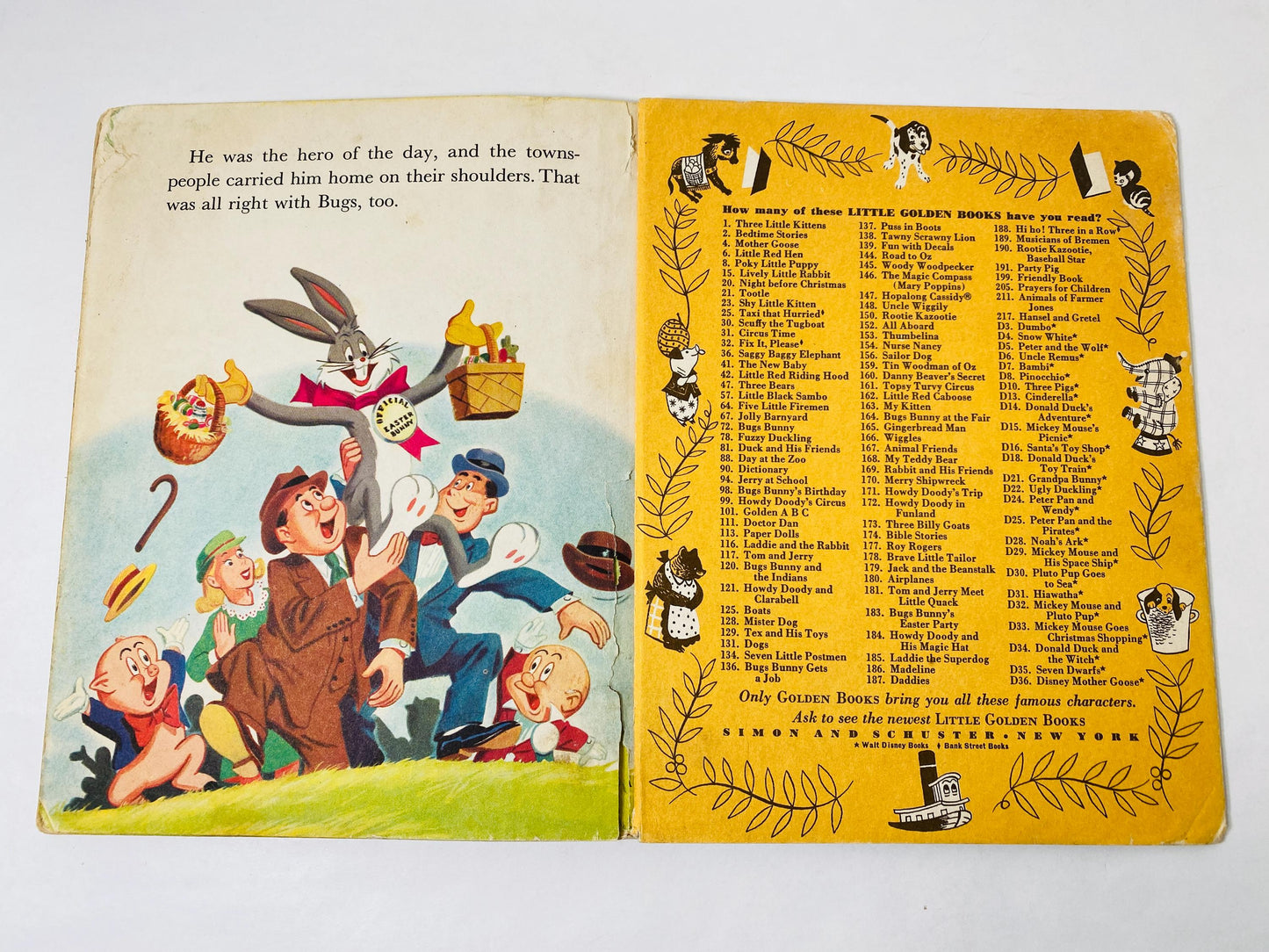 1953 Bugs Bunny at the Easter Party Vintage Little Golden Book with Elmer Fudd, Porky Pig, Daffy Duck, Petunia Pig.