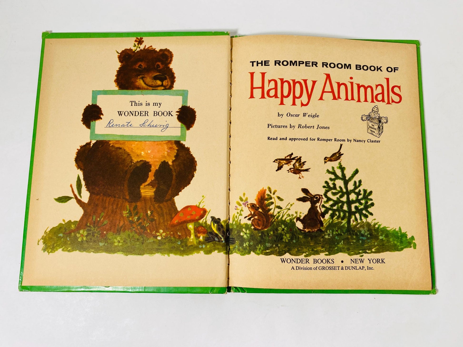 1957 Romper Room Book of Happy Animals Vintage Wonder book by Oscar Weigle Children's story illustrated by Robert Jones. Nancy Claster