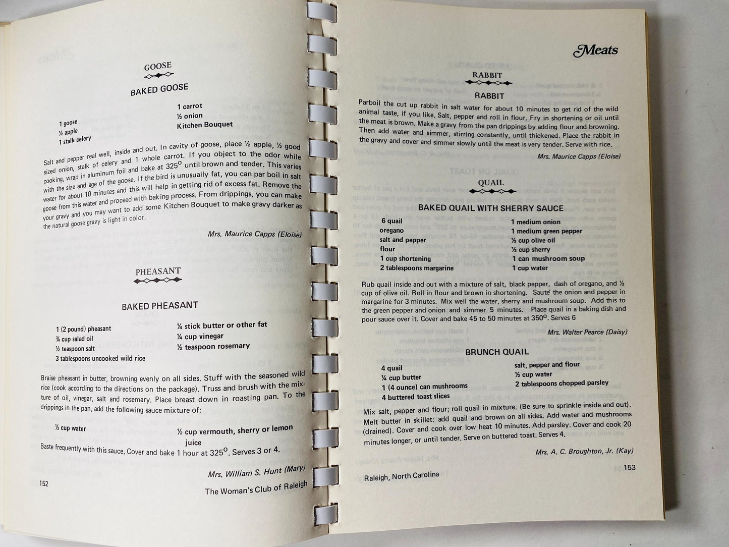Women's Club of Raleigh North Carolina Vintage cookbook circa 1985 Fish, seafood crawfish shrimp crab cakes boils and casserole recipes