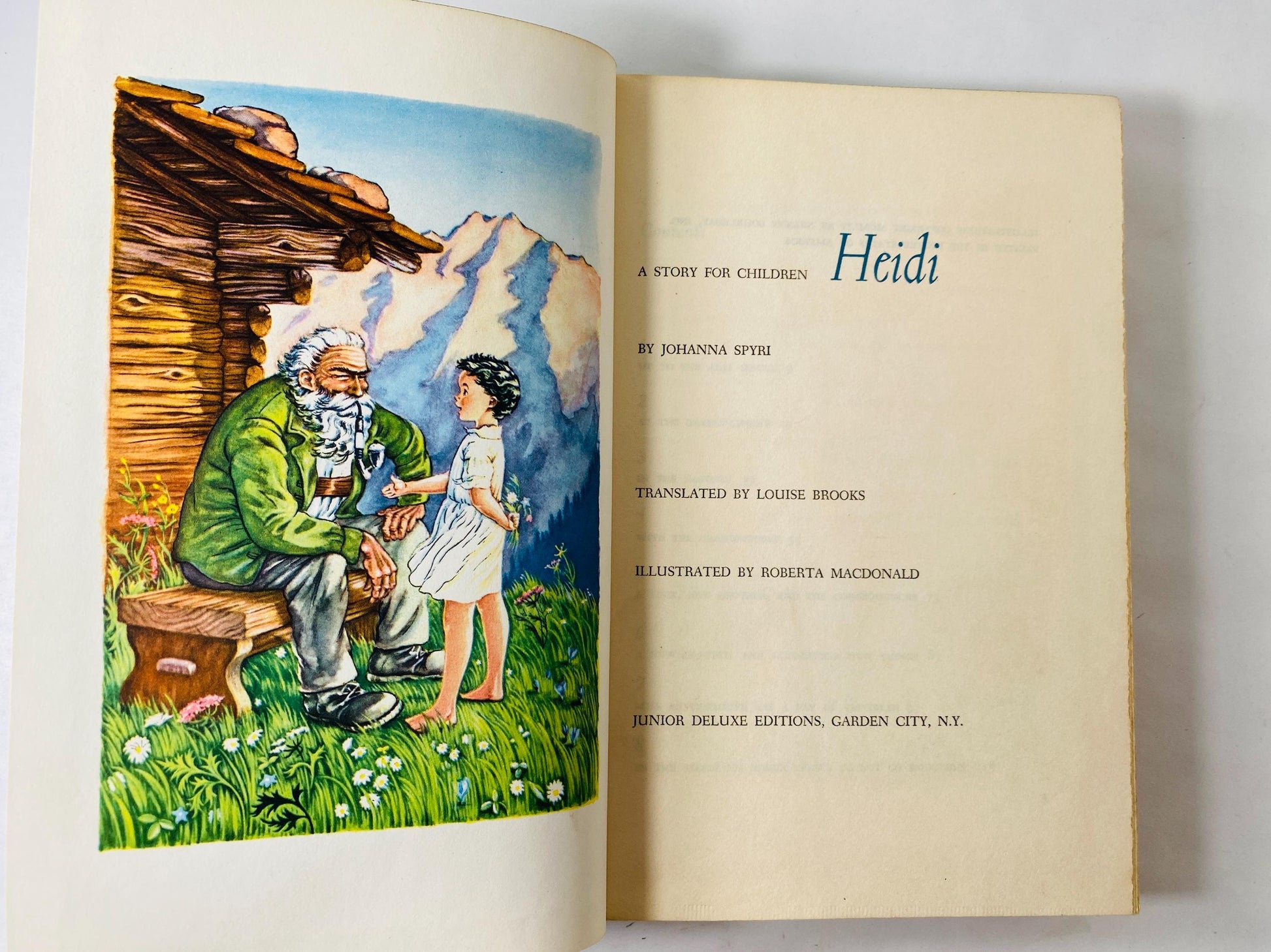 1926 Heidi vintage Illustrated Sears book by Johanna Spyri large blue Children's nursery decor prop set