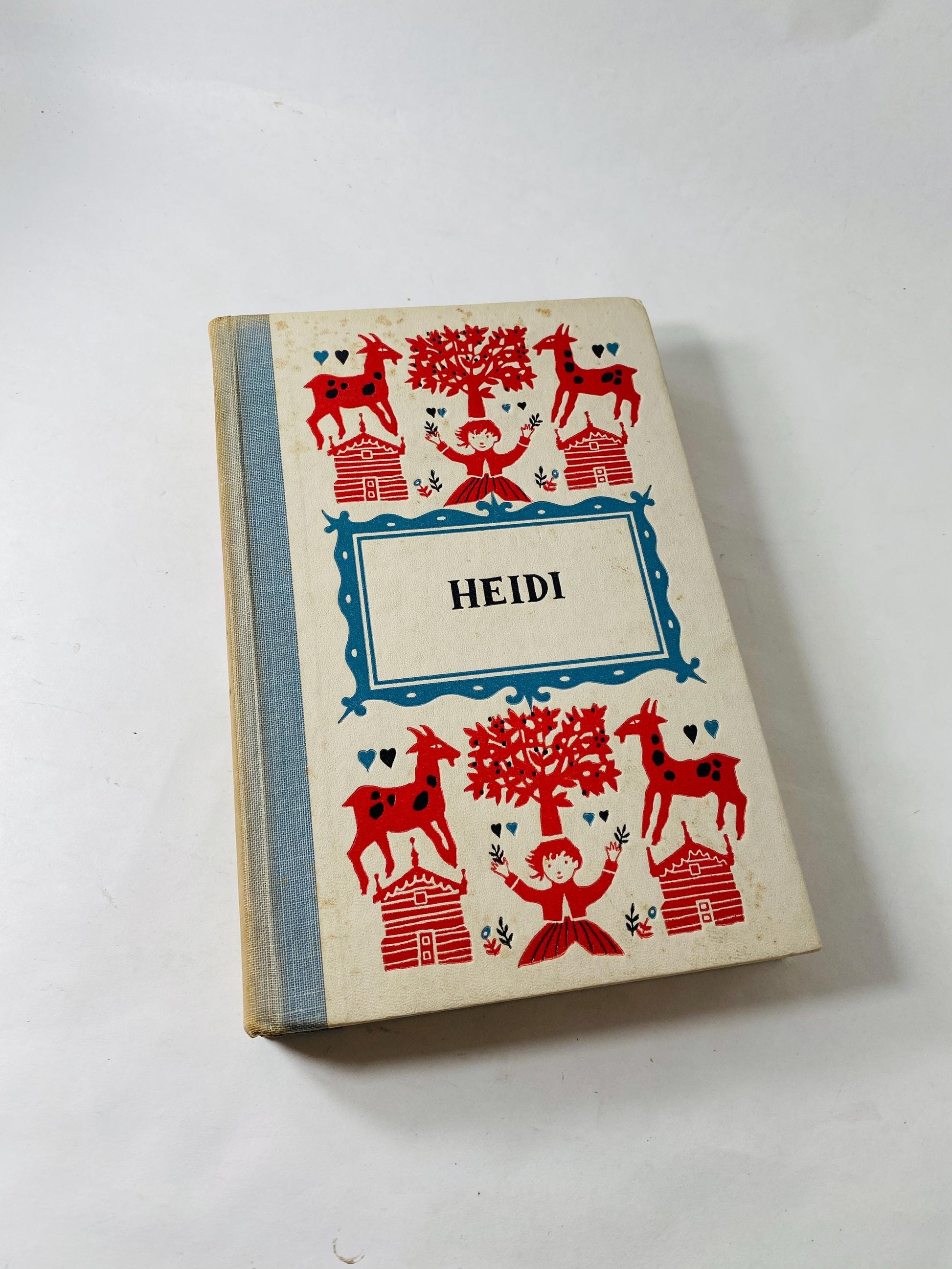 1926 Heidi vintage Illustrated Sears book by Johanna Spyri large blue Children's nursery decor prop set