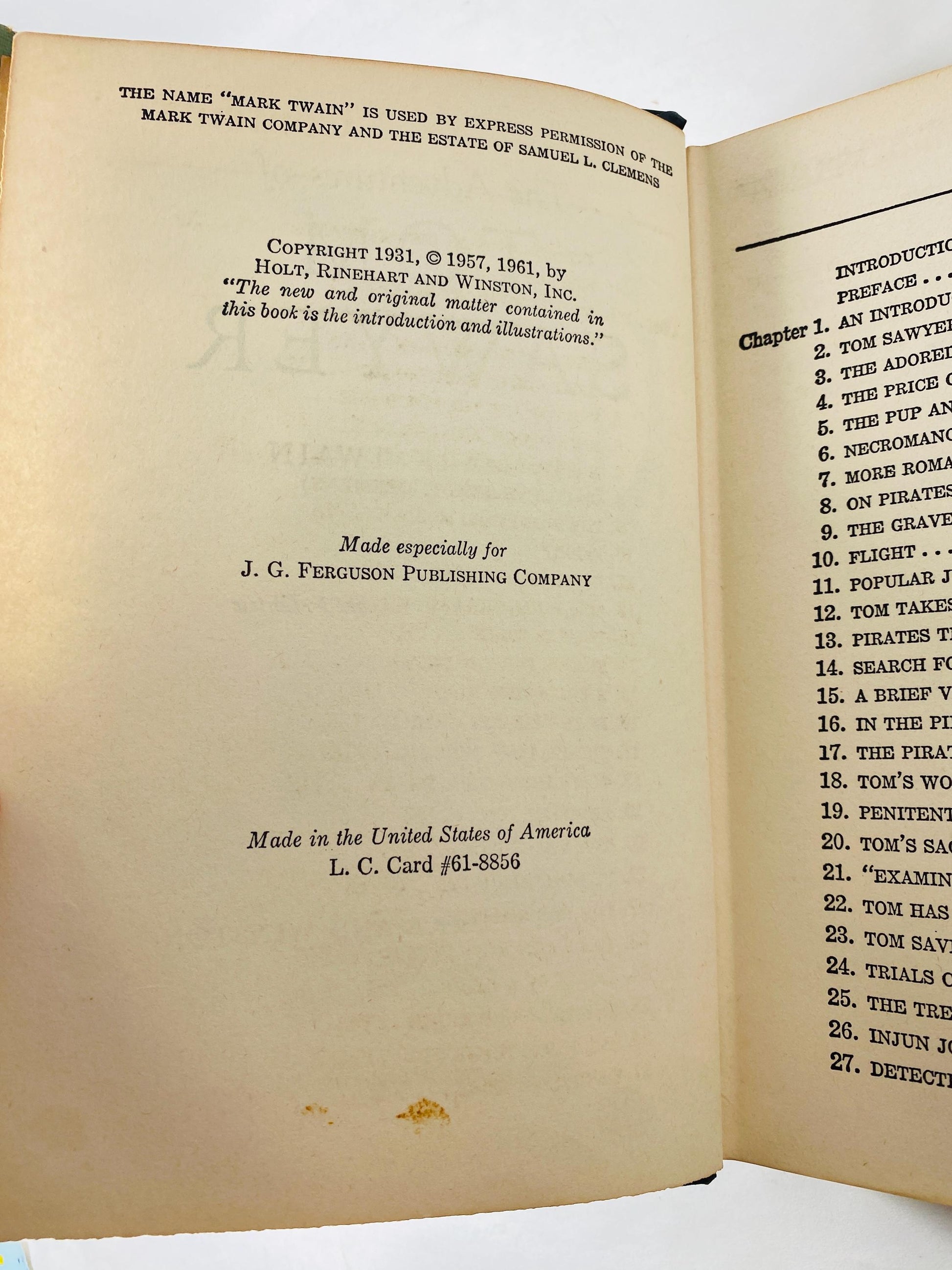 1961 Adventures of Tom Sawyer vintage book by Mark Twain Samuel Clemens green bookshelf decor Christmas stocking stuffer