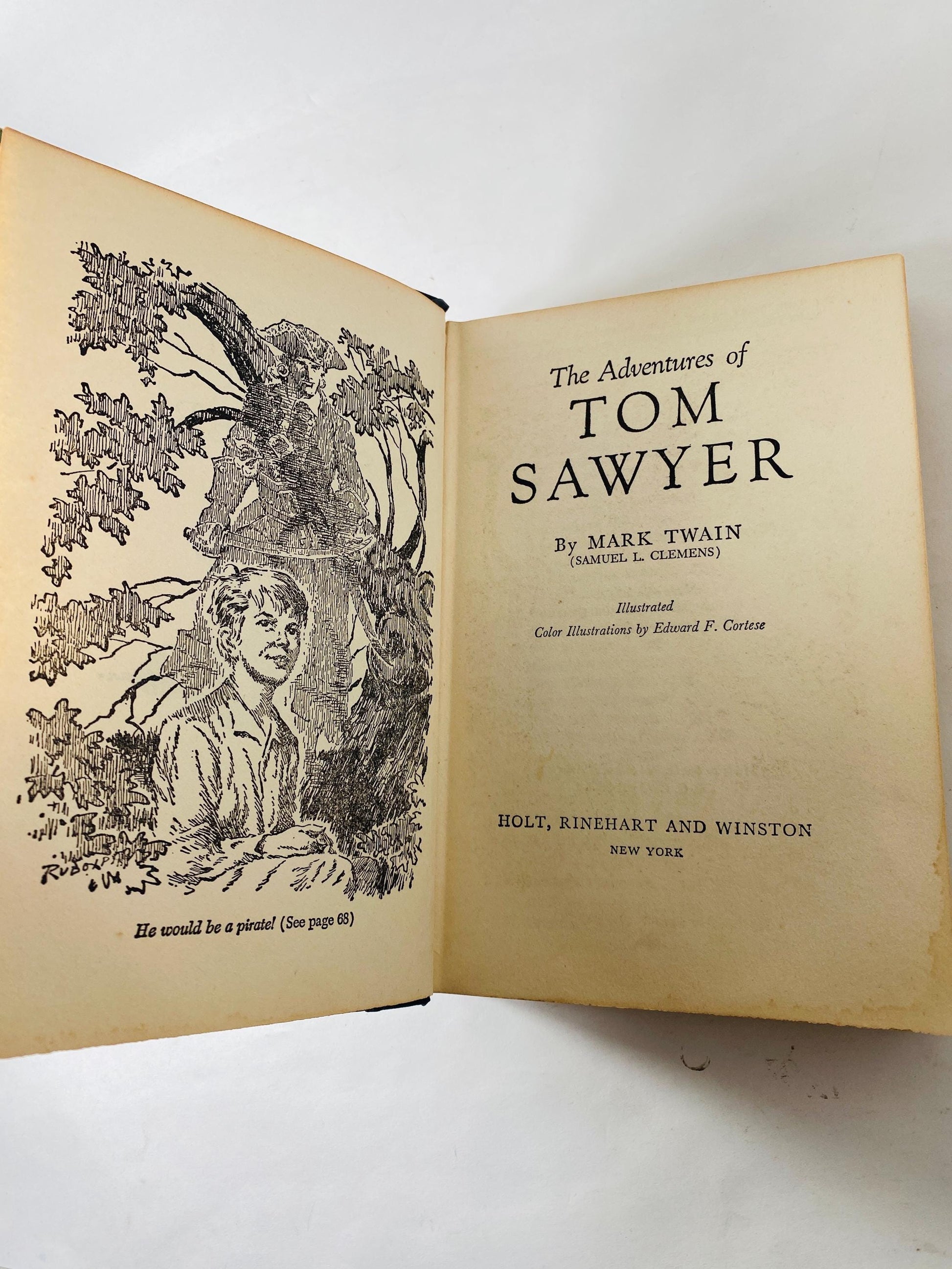 1961 Adventures of Tom Sawyer vintage book by Mark Twain Samuel Clemens green bookshelf decor Christmas stocking stuffer