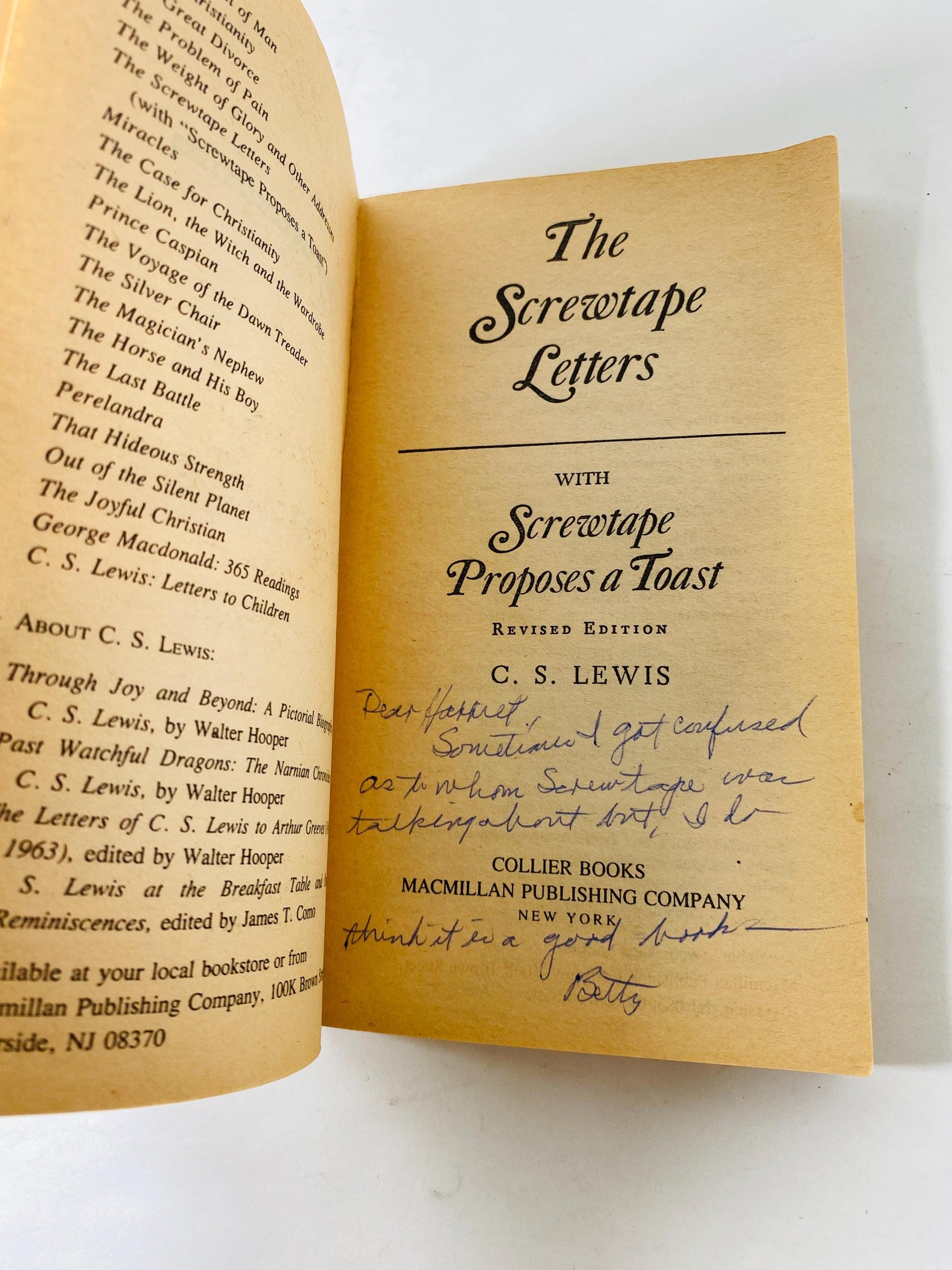 Screwtape Letters by CS Lewis Vintage paperback book circa 1982 about Christianity and God's intervention