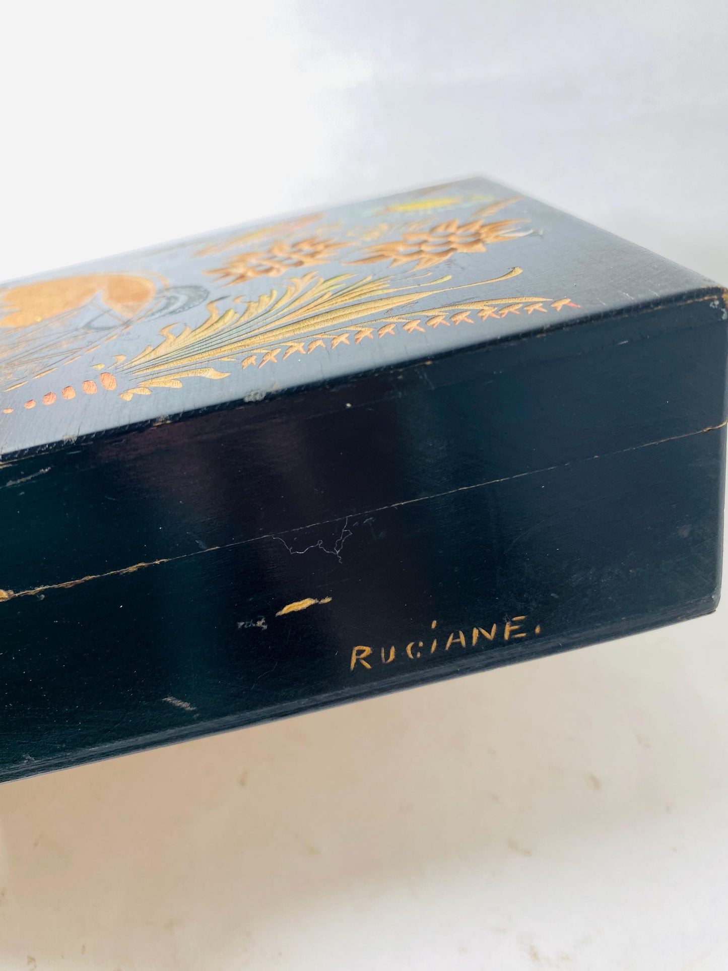 Vintage Hand Carved Wooden Keepsake Box Black Lacquer Folk Art Floral Church Scene Jewelry Trinket Box Ruciane circa 1960s