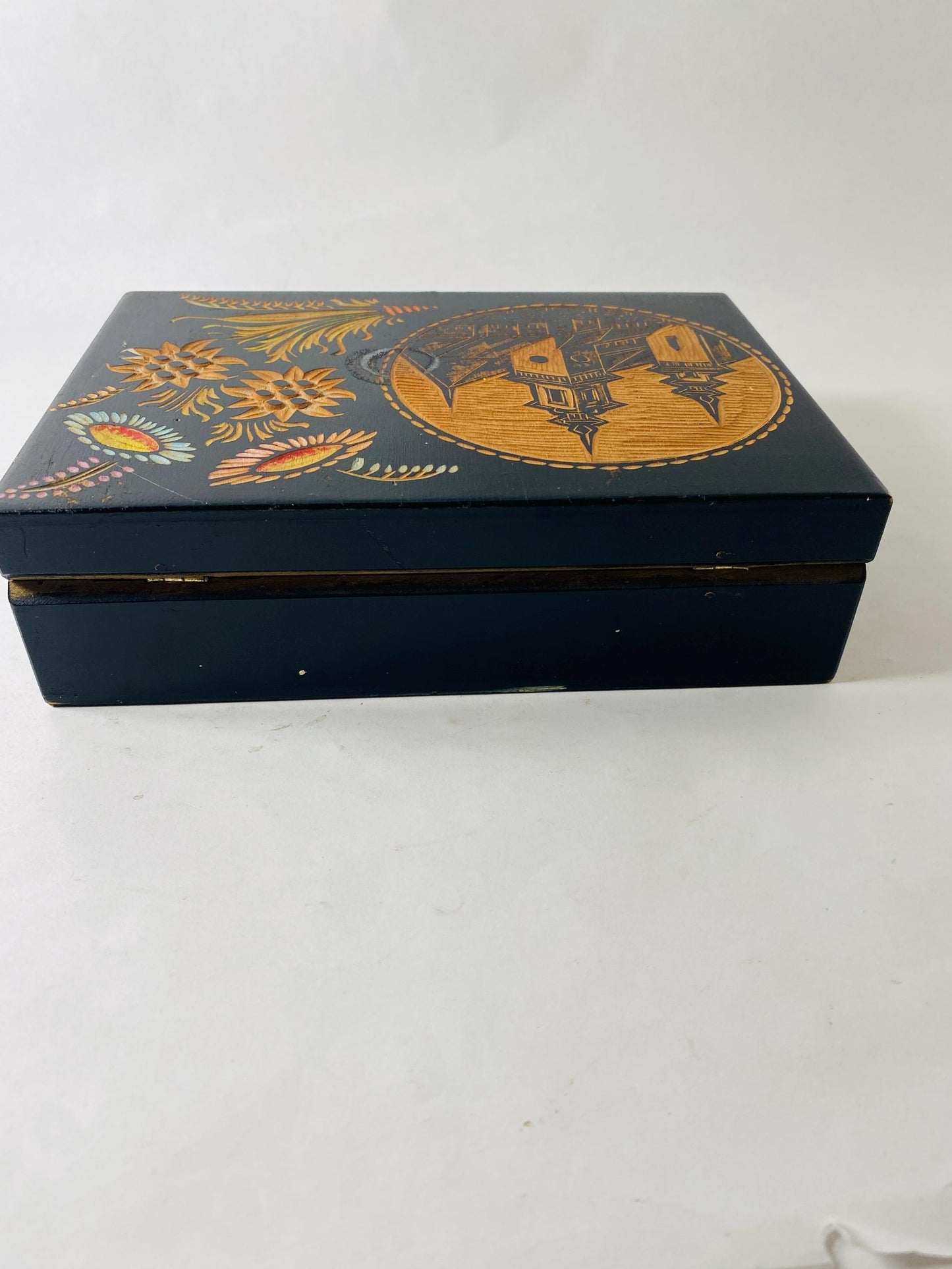 Vintage Hand Carved Wooden Keepsake Box Black Lacquer Folk Art Floral Church Scene Jewelry Trinket Box Ruciane circa 1960s