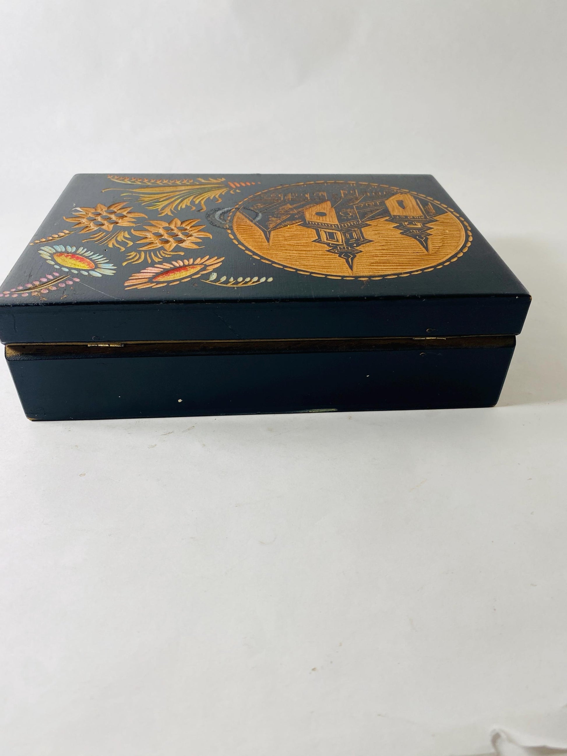 Vintage Hand Carved Wooden Keepsake Box Black Lacquer Folk Art Floral Church Scene Jewelry Trinket Box Ruciane circa 1960s