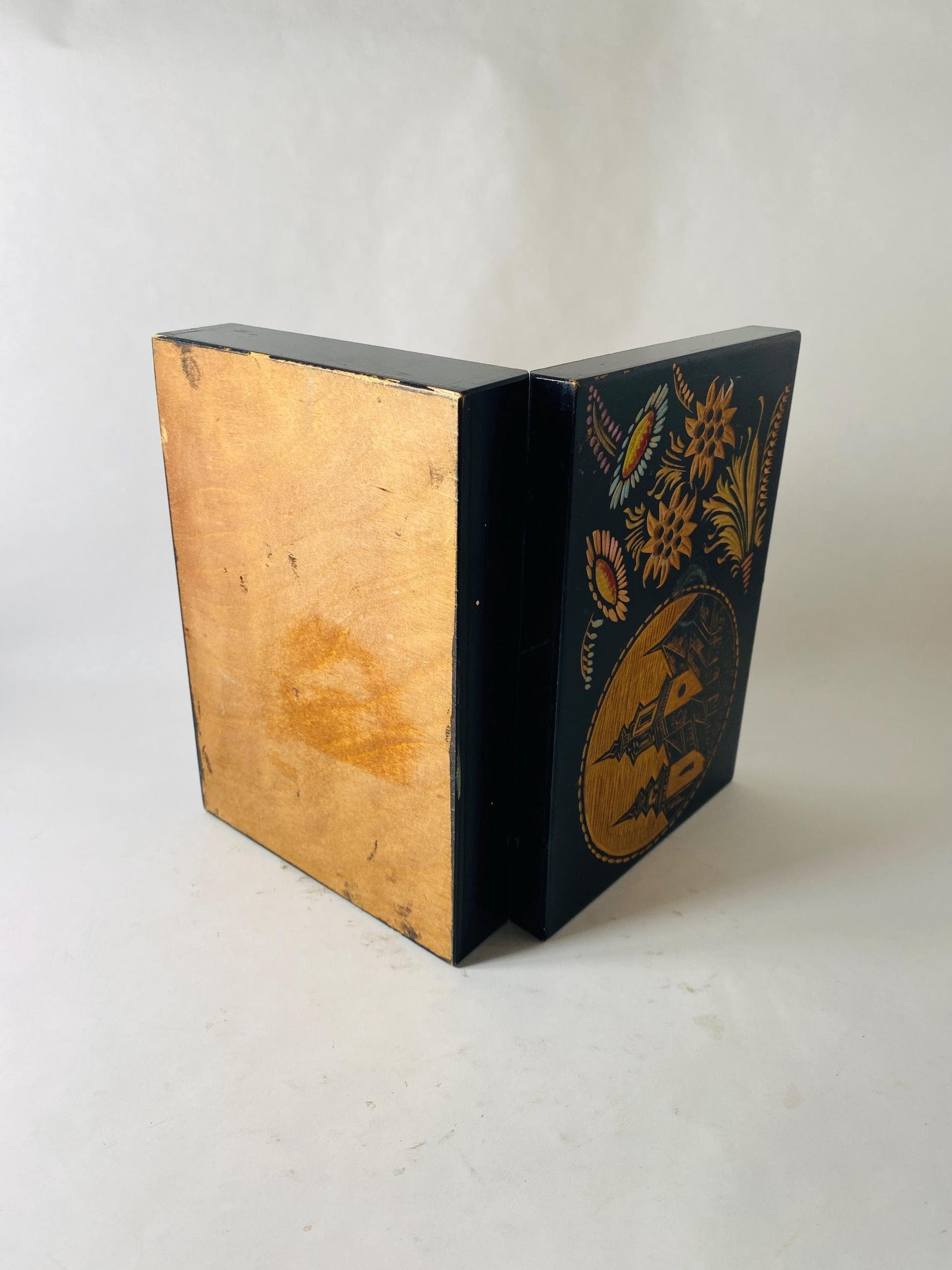 Vintage Hand Carved Wooden Keepsake Box Black Lacquer Folk Art Floral Church Scene Jewelry Trinket Box Ruciane circa 1960s