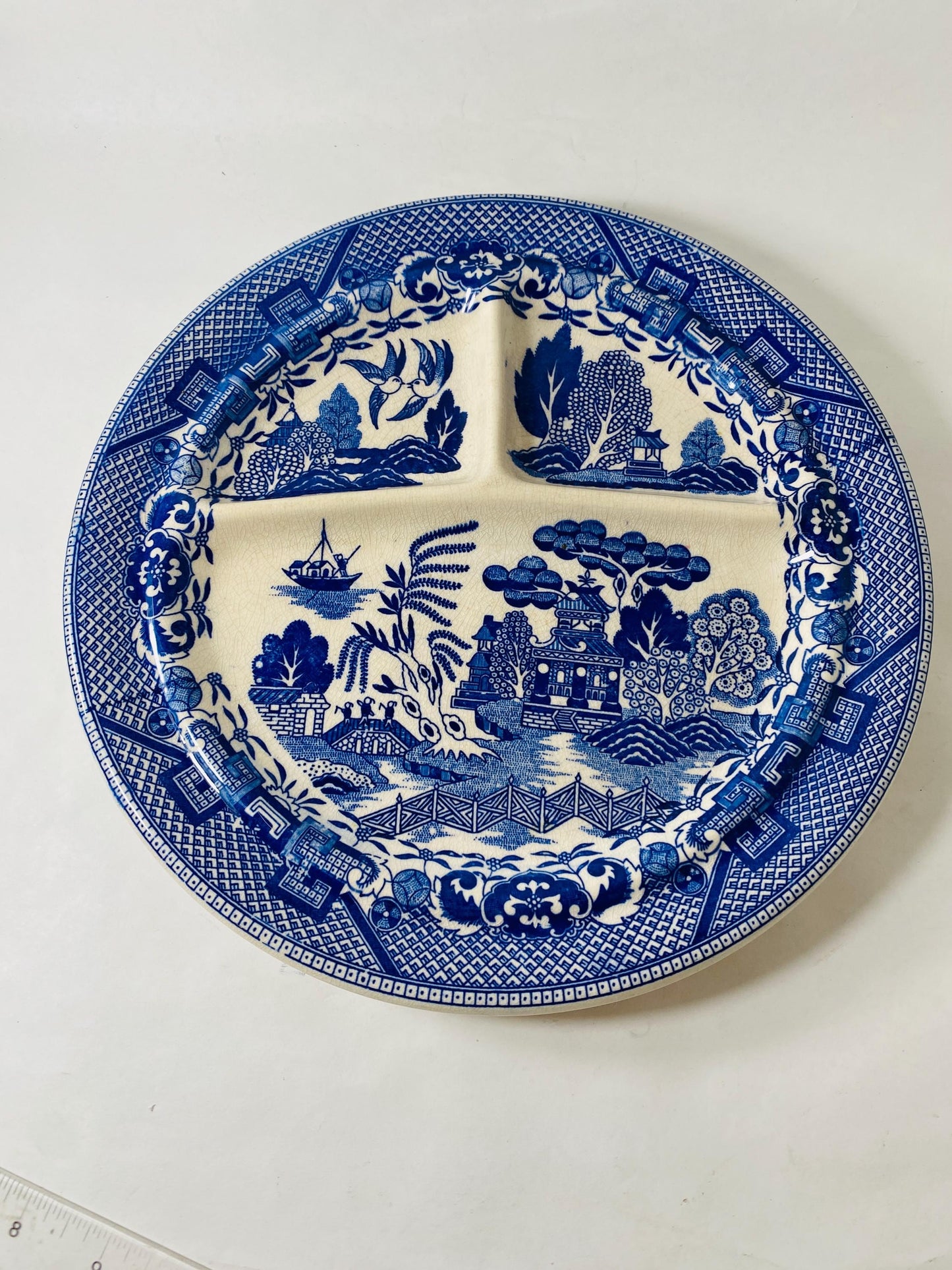 1930s Vintage Moriyama Blue Willow porcelain 10" divided plate Made in Japan grill partitioned cottage decor