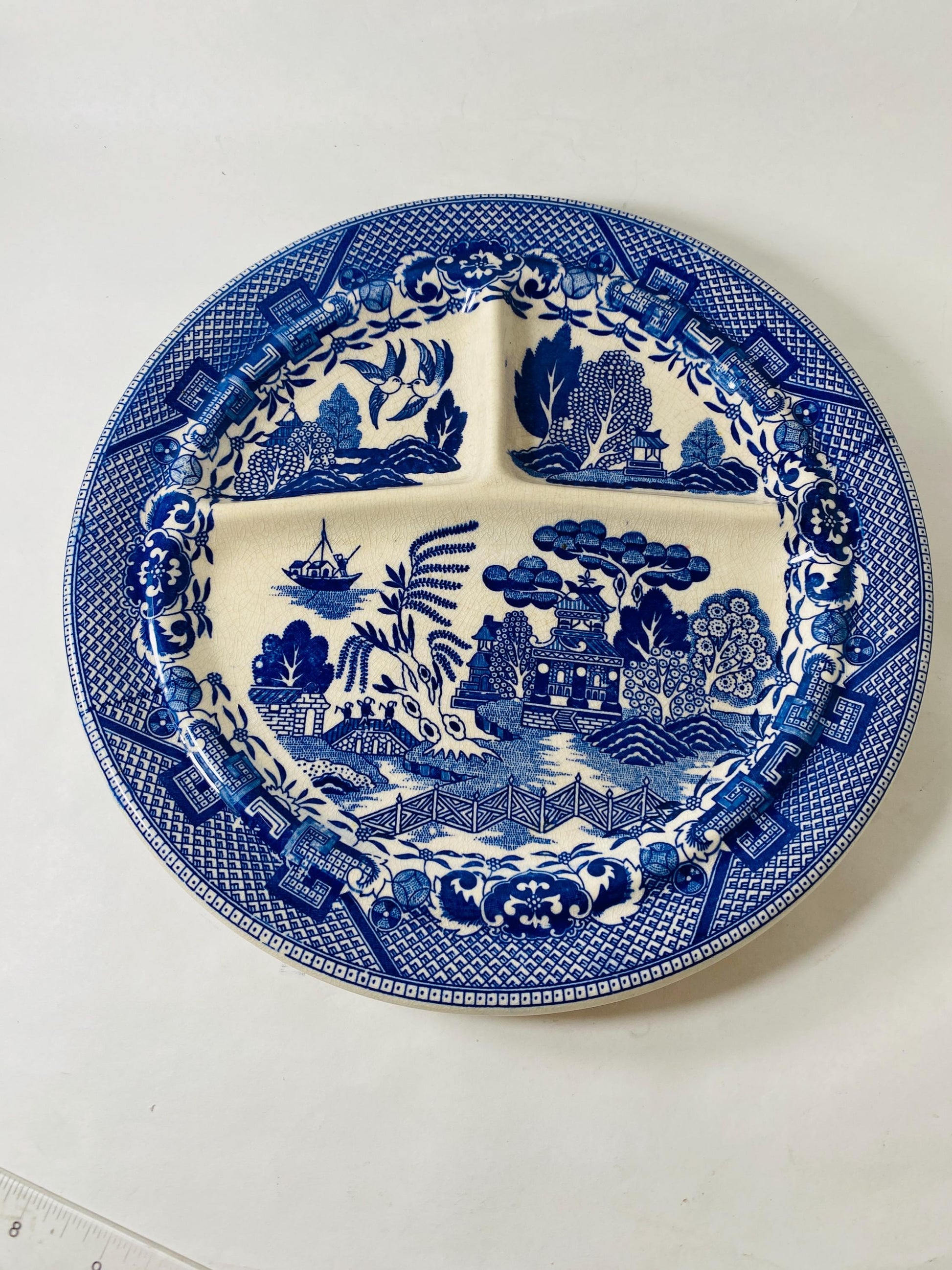 1930s Vintage Moriyama Blue Willow porcelain 10" divided plate Made in Japan grill partitioned cottage decor