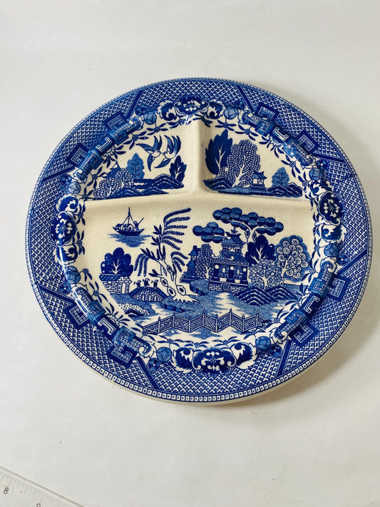 1930s Vintage Moriyama Blue Willow porcelain 10" divided plate Made in Japan grill partitioned cottage decor