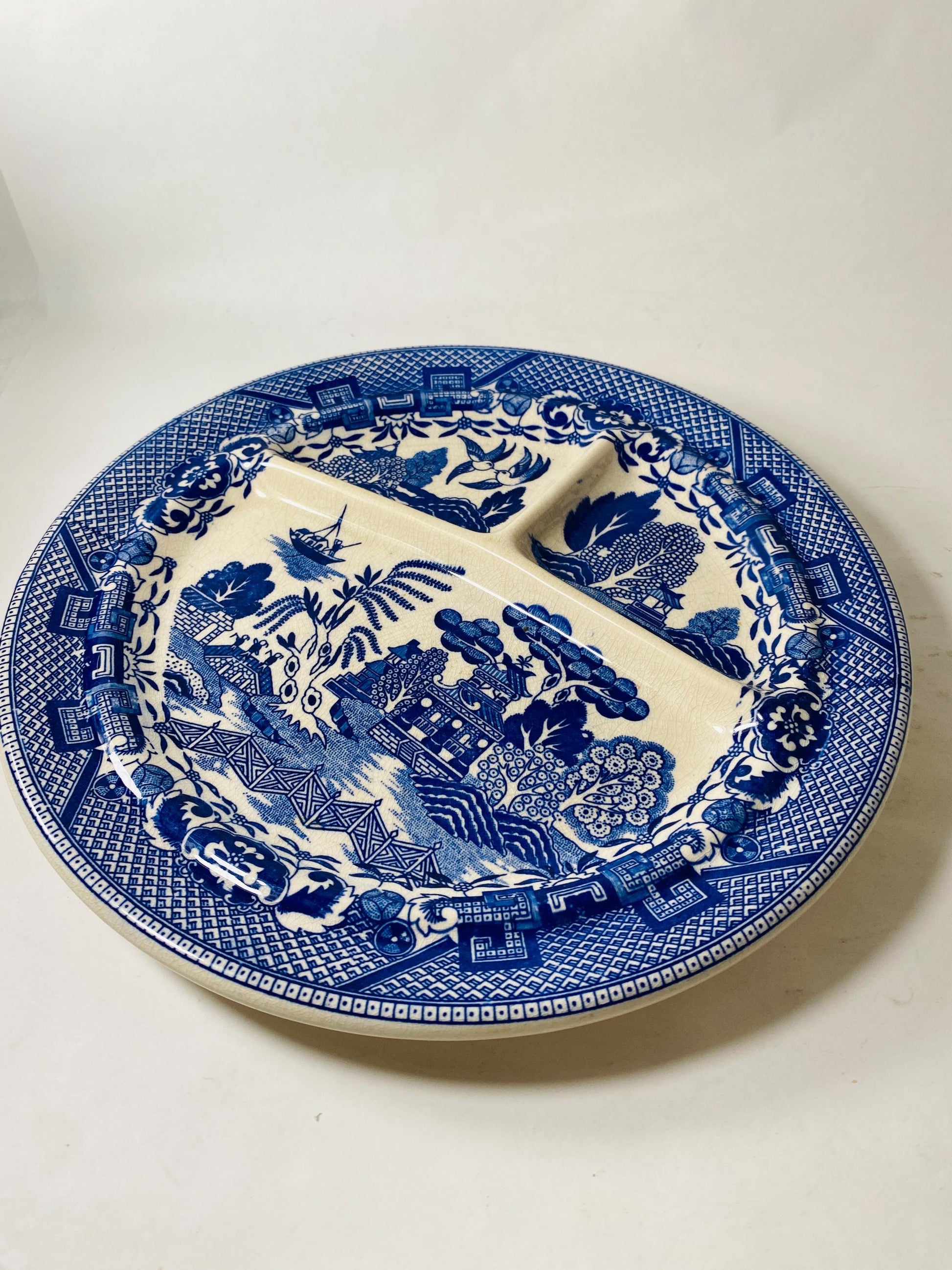 1930s Vintage Moriyama Blue Willow porcelain 10" divided plate Made in Japan grill partitioned cottage decor