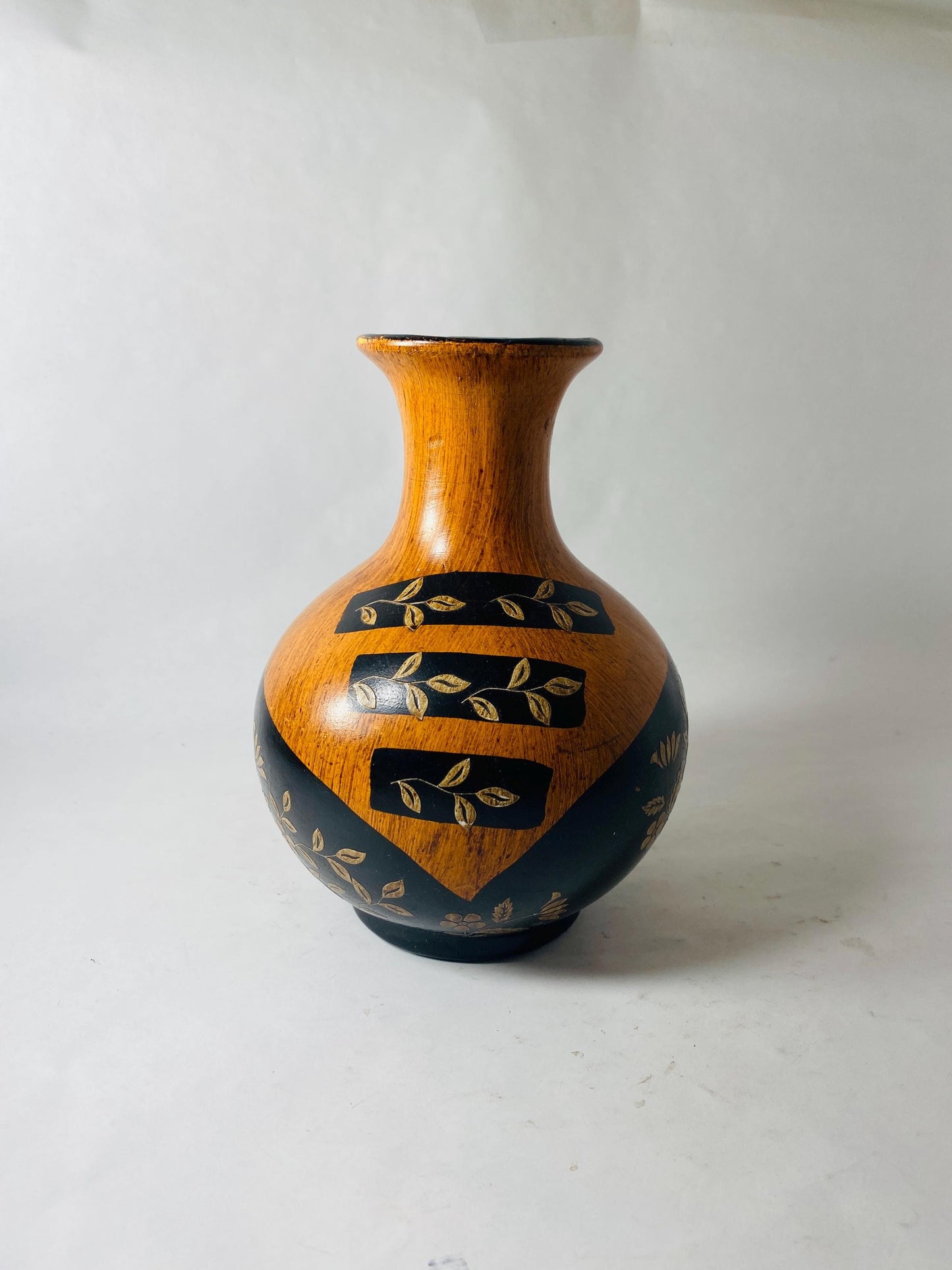 Vintage Painted Wooden Vase Black Gold Floral Faux Wood Grain Small Bud Vase Folk Art Decor circa 1960s