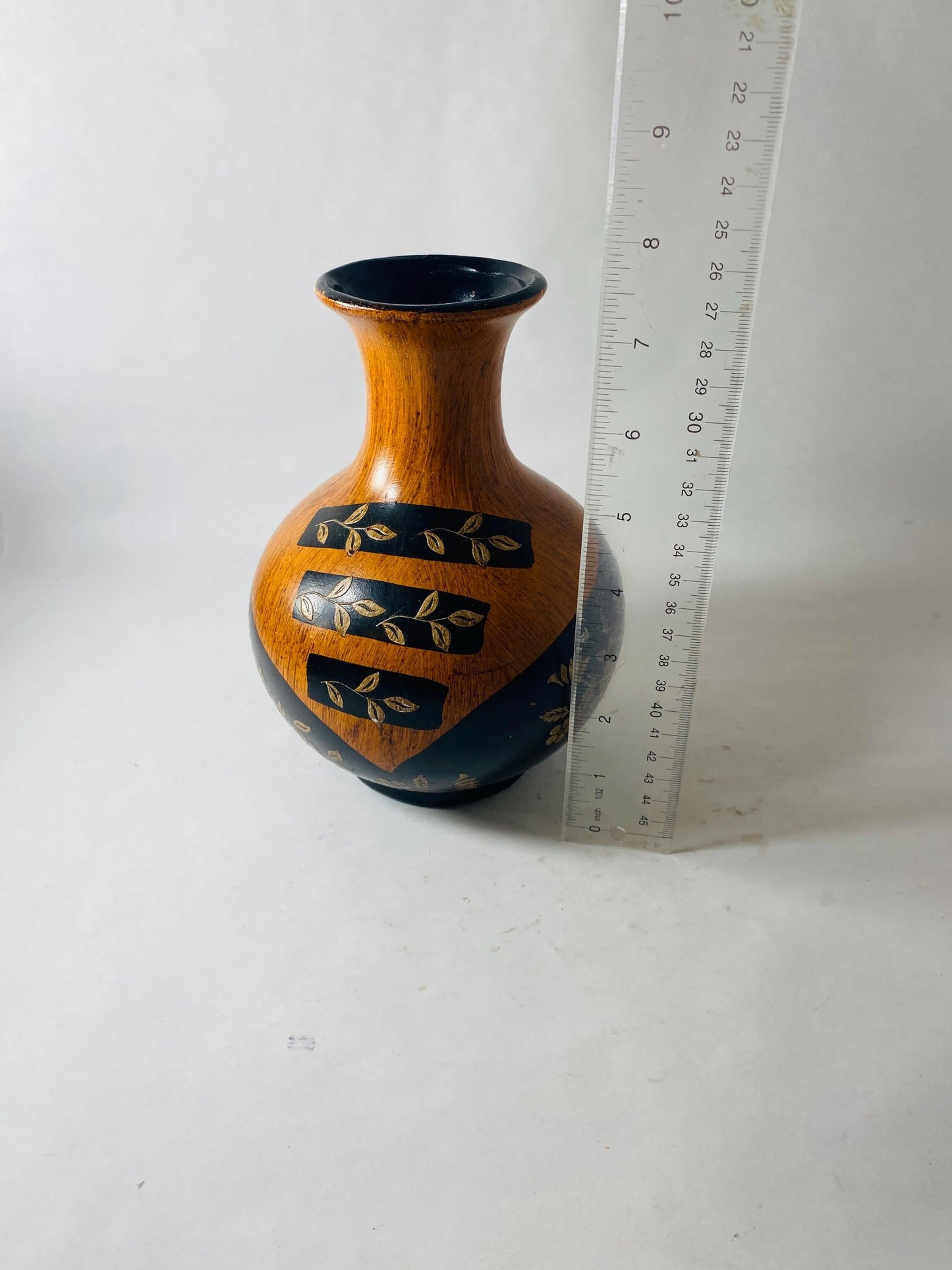 Vintage Painted Wooden Vase Black Gold Floral Faux Wood Grain Small Bud Vase Folk Art Decor circa 1960s