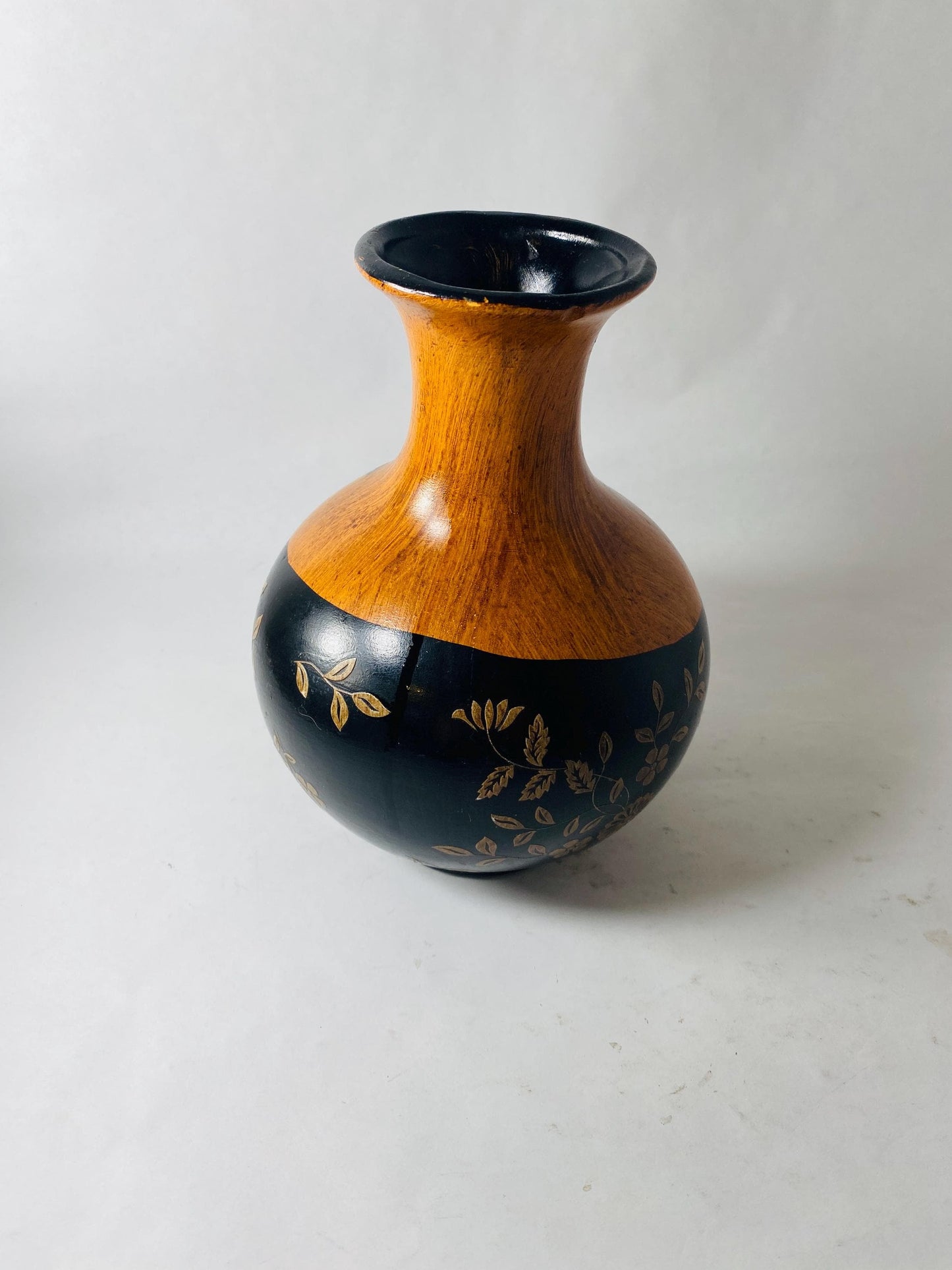 Vintage Painted Wooden Vase Black Gold Floral Faux Wood Grain Small Bud Vase Folk Art Decor circa 1960s