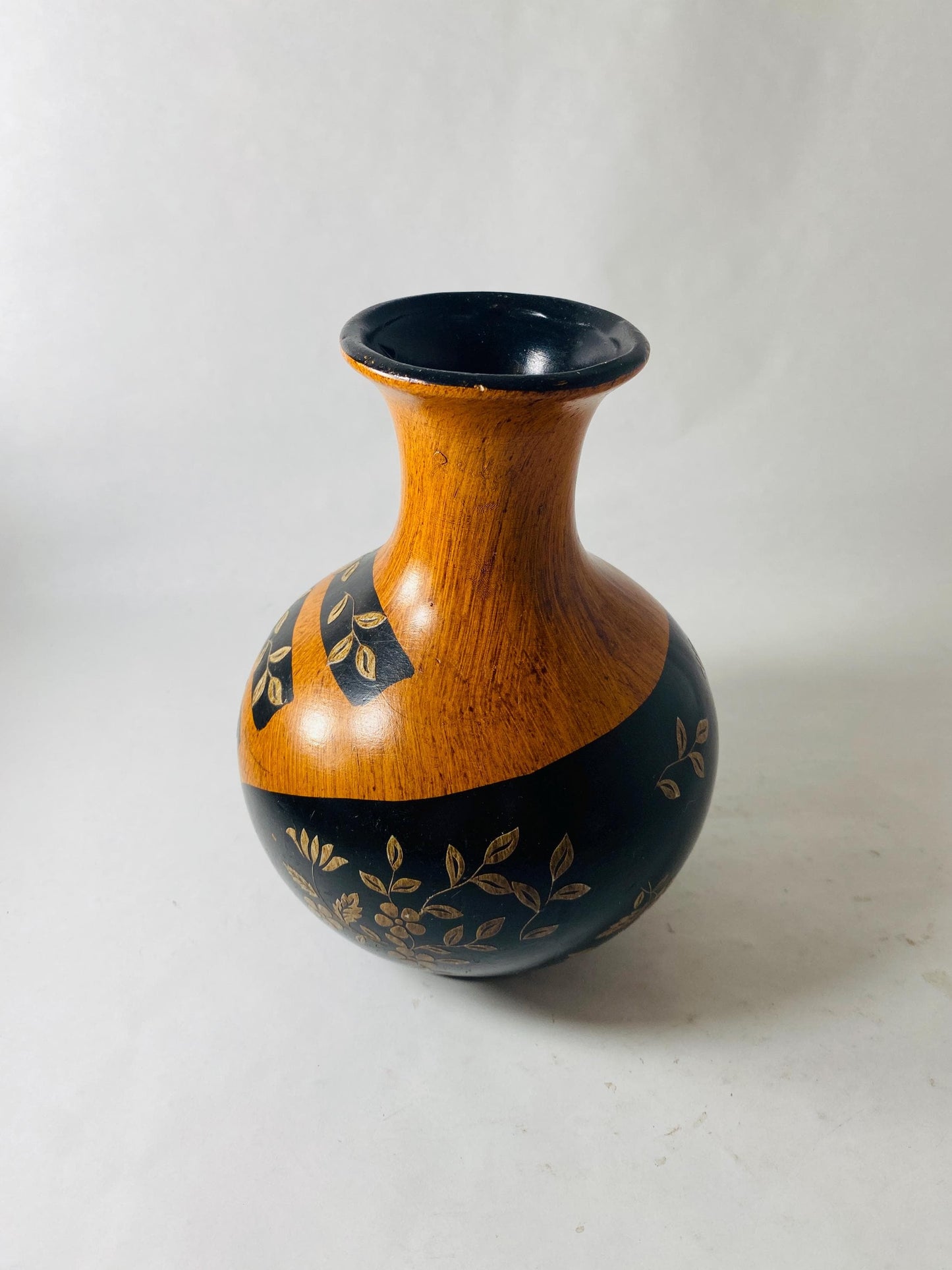 Vintage Painted Wooden Vase Black Gold Floral Faux Wood Grain Small Bud Vase Folk Art Decor circa 1960s