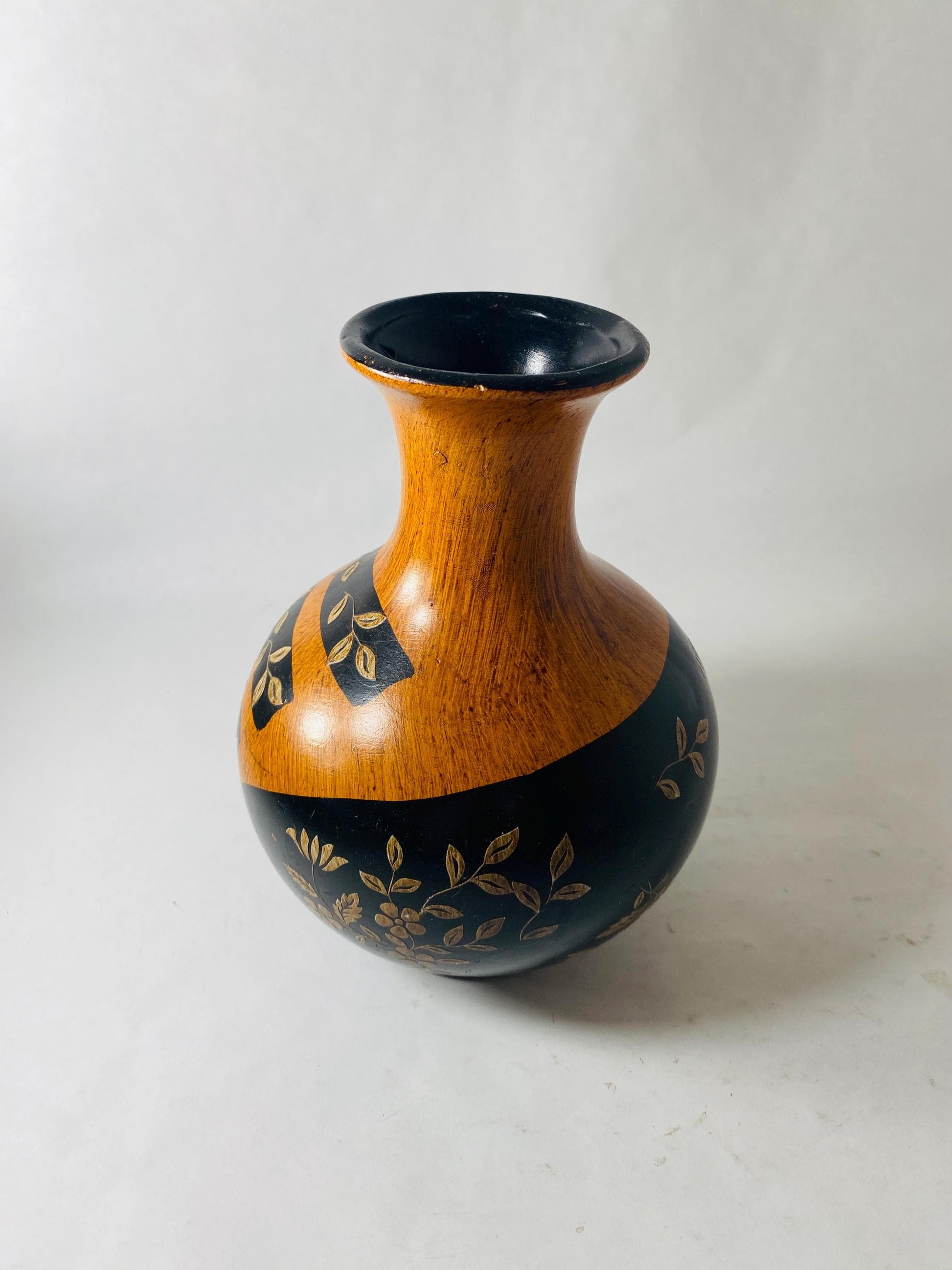 Vintage Painted Wooden Vase Black Gold Floral Faux Wood Grain Small Bud Vase Folk Art Decor circa 1960s