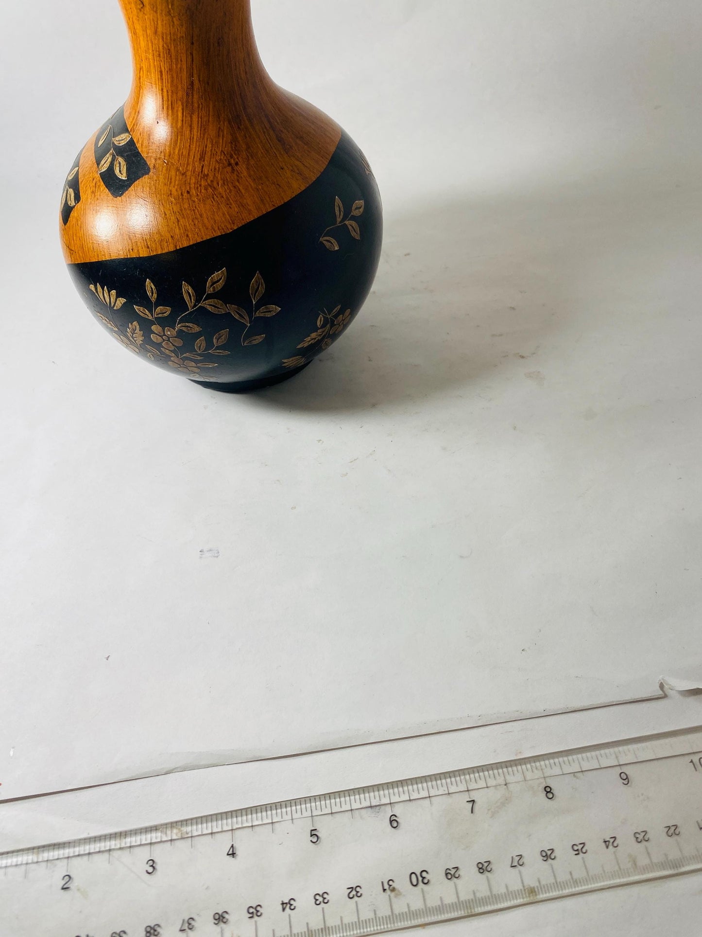 Vintage Painted Wooden Vase Black Gold Floral Faux Wood Grain Small Bud Vase Folk Art Decor circa 1960s
