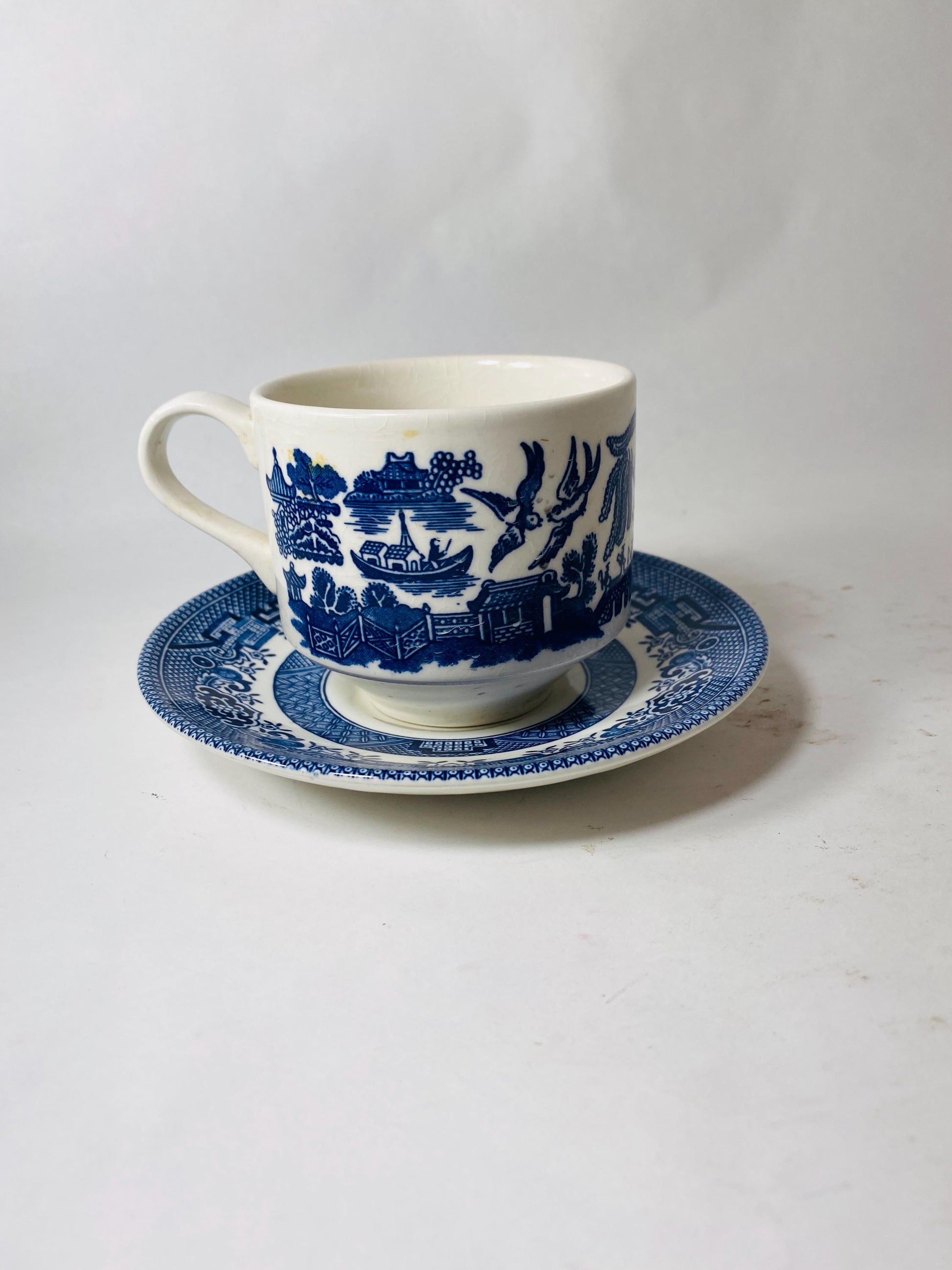 Vintage Churchill Blue Willow porcelain tea cup and saucer Made in England cottage decor