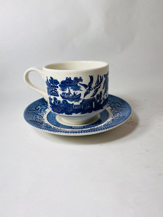 Vintage Churchill Blue Willow porcelain tea cup and saucer Made in England cottage decor