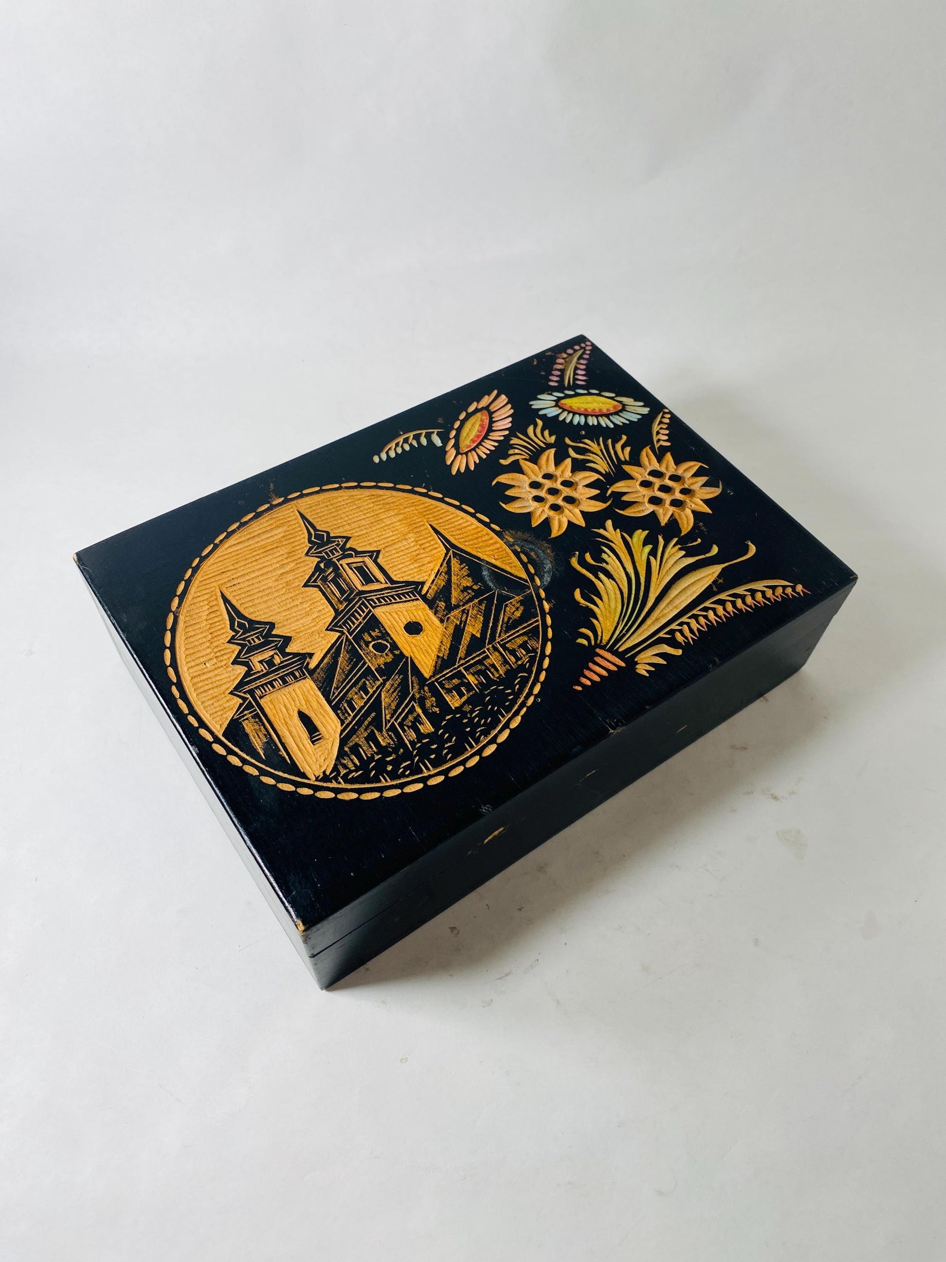 Vintage Hand Carved Wooden Keepsake Box Black Lacquer Folk Art Floral Church Scene Jewelry Trinket Box Ruciane circa 1960s