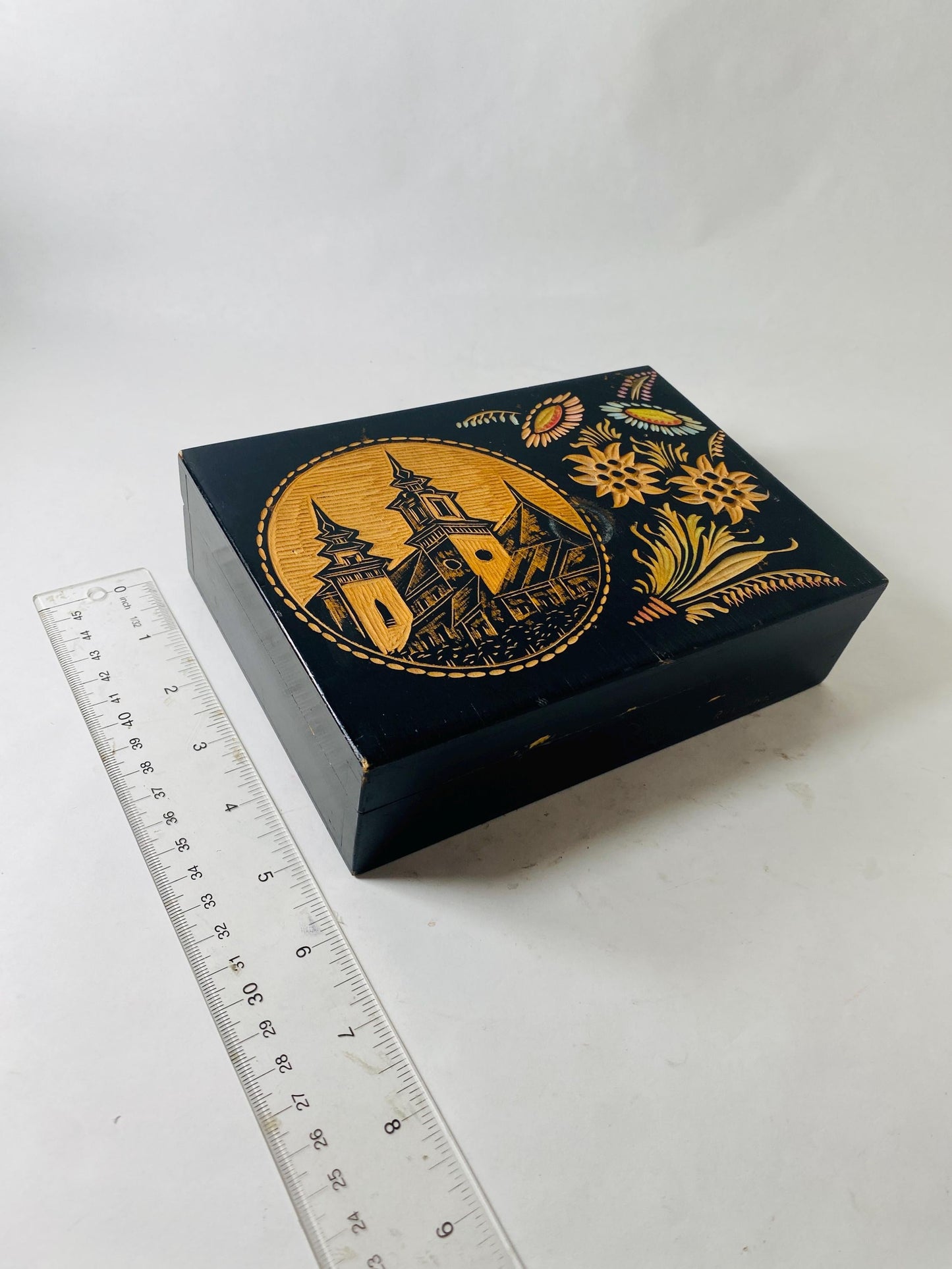 Vintage Hand Carved Wooden Keepsake Box Black Lacquer Folk Art Floral Church Scene Jewelry Trinket Box Ruciane circa 1960s
