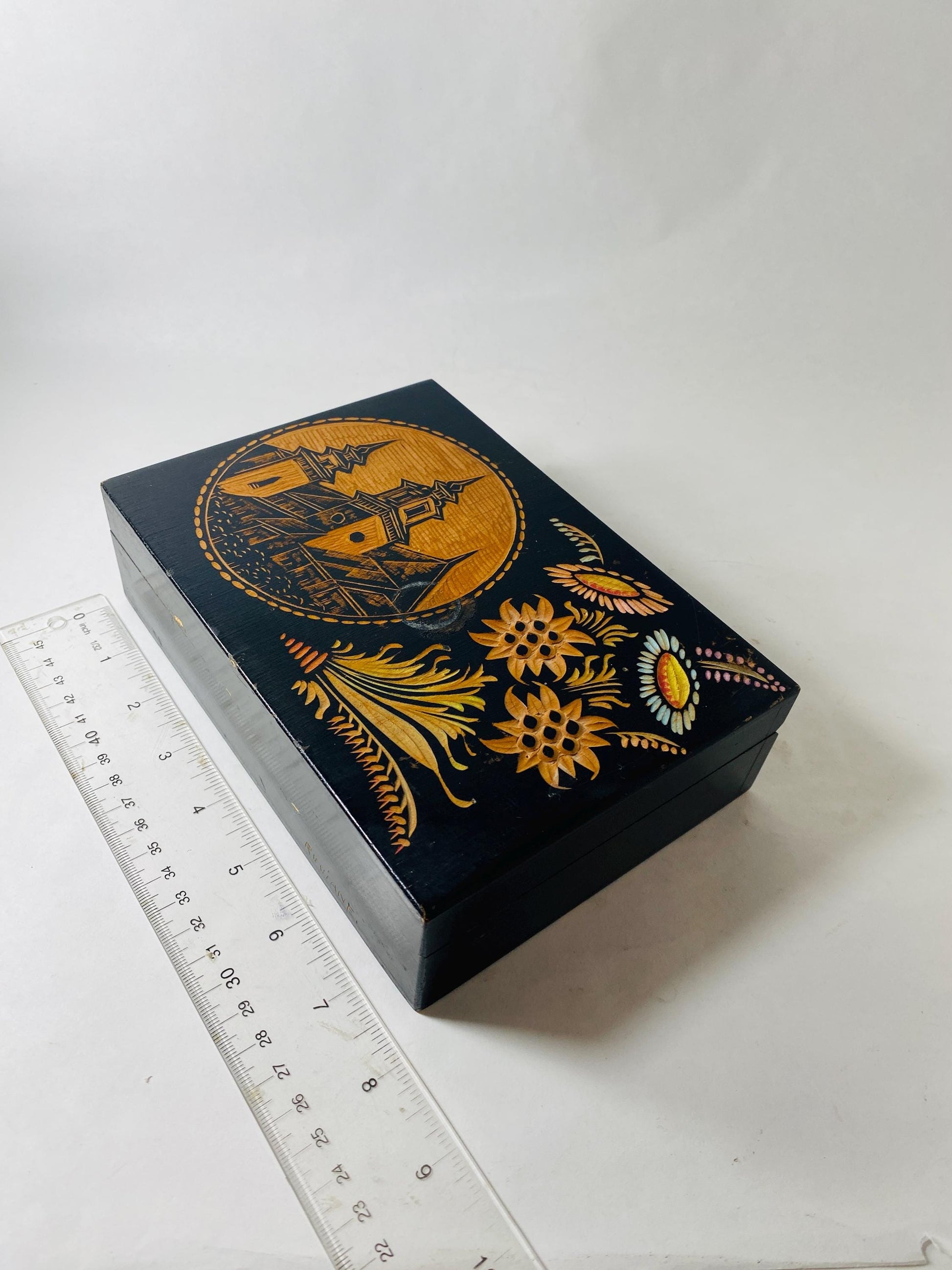 Vintage Hand Carved Wooden Keepsake Box Black Lacquer Folk Art Floral Church Scene Jewelry Trinket Box Ruciane circa 1960s