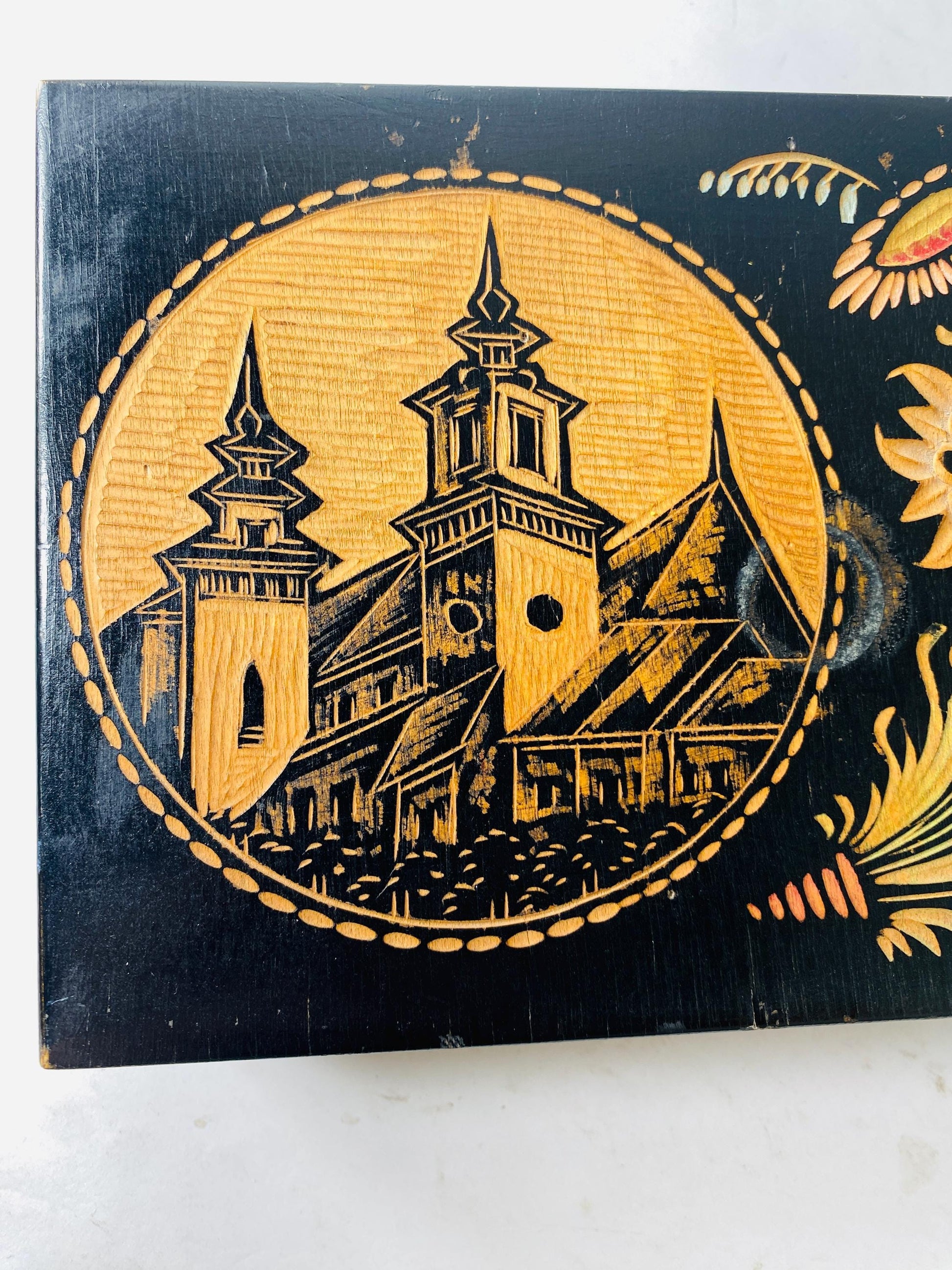 Vintage Hand Carved Wooden Keepsake Box Black Lacquer Folk Art Floral Church Scene Jewelry Trinket Box Ruciane circa 1960s