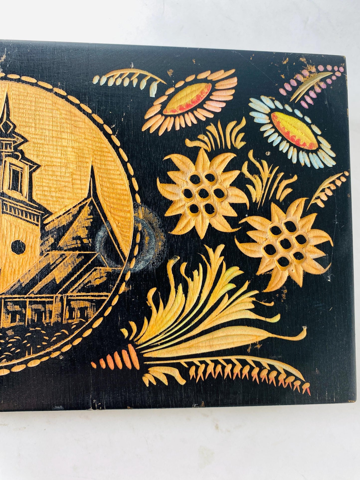 Vintage Hand Carved Wooden Keepsake Box Black Lacquer Folk Art Floral Church Scene Jewelry Trinket Box Ruciane circa 1960s