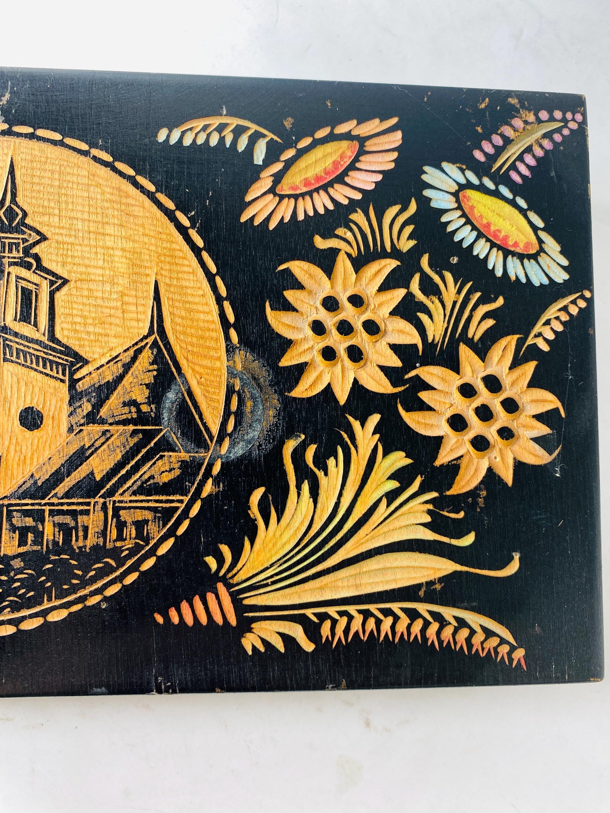 Vintage Hand Carved Wooden Keepsake Box Black Lacquer Folk Art Floral Church Scene Jewelry Trinket Box Ruciane circa 1960s